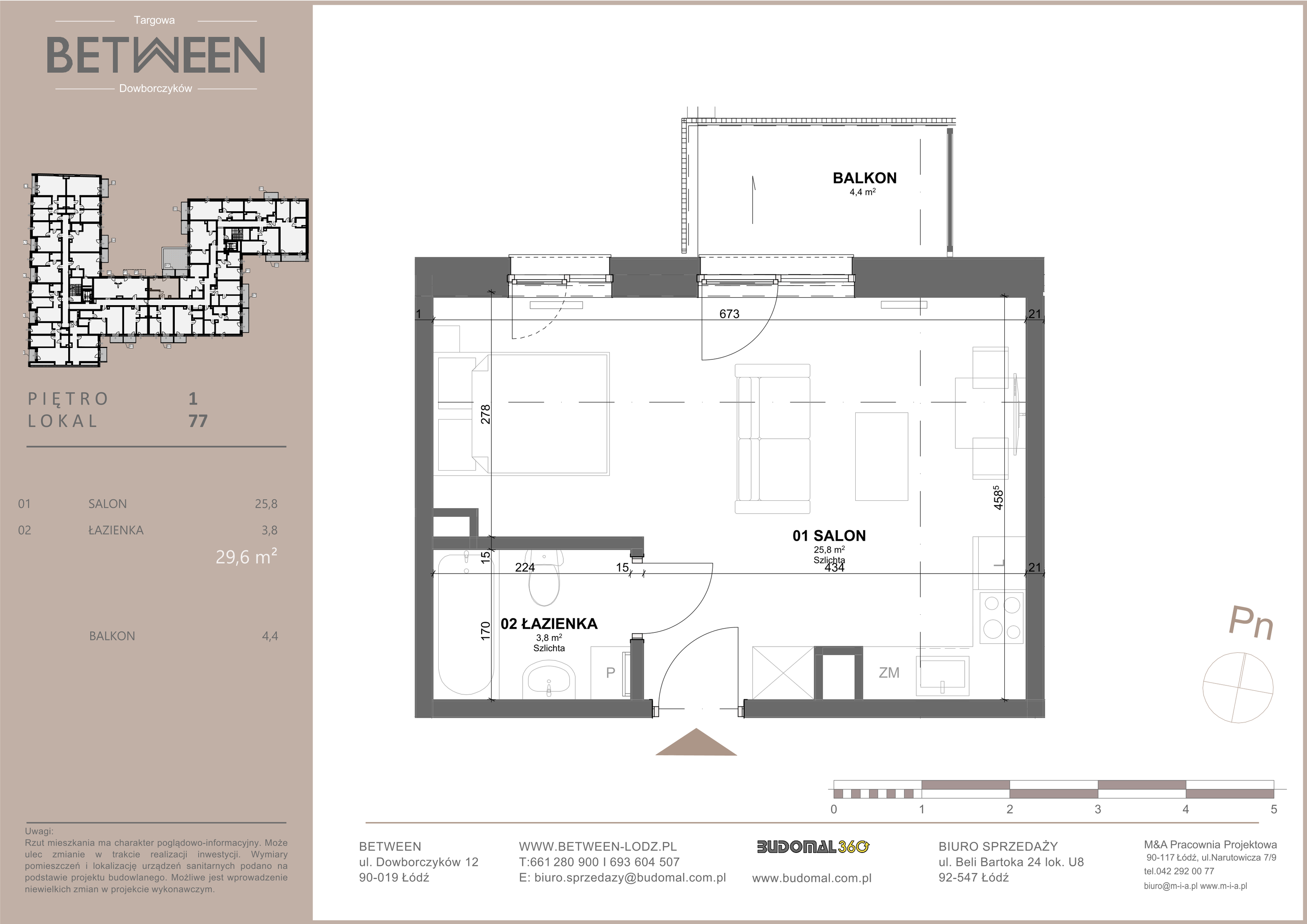 Mieszkanie 29,60 m², piętro 1, oferta nr 77, Between, Łódź, Widzew, ul. Dowborczyków 12-idx