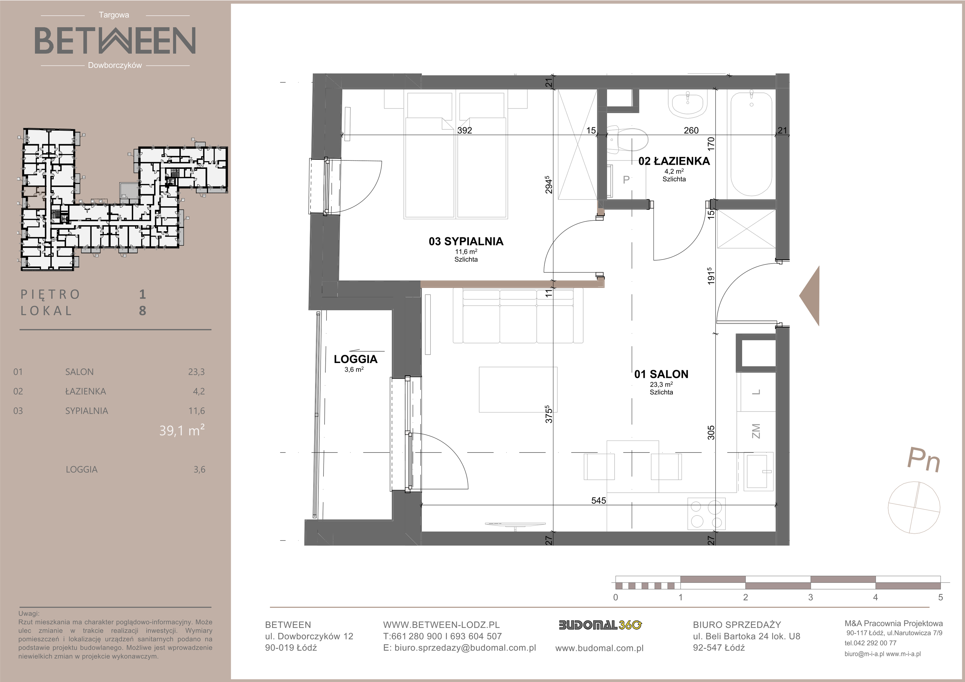 Mieszkanie 39,10 m², piętro 1, oferta nr 8, Between, Łódź, Widzew, ul. Dowborczyków 12-idx