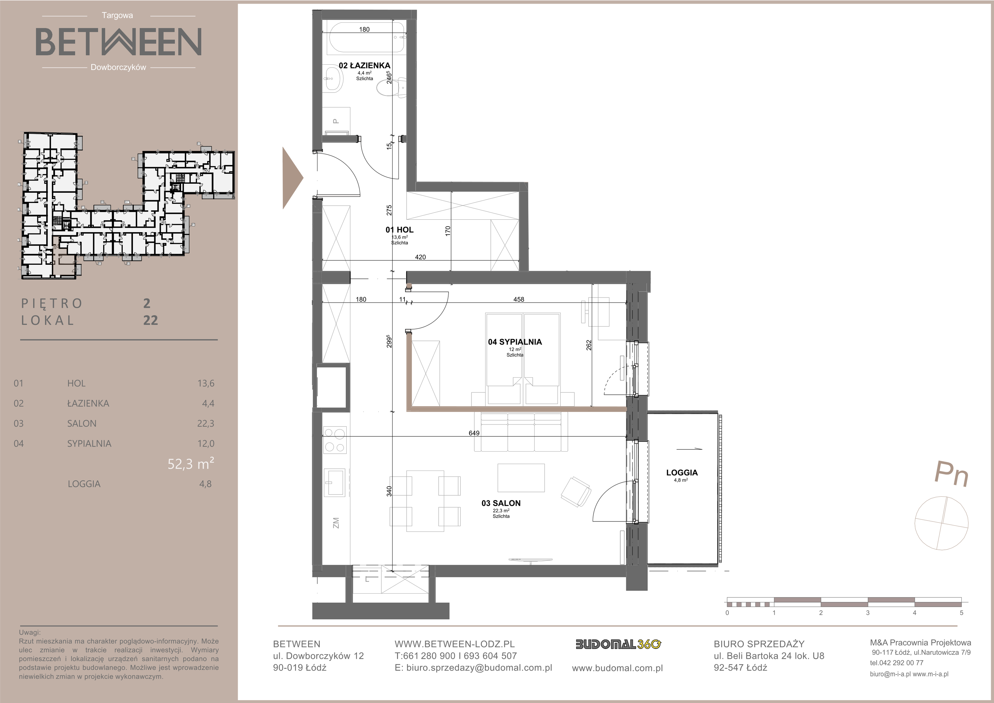 Mieszkanie 52,60 m², piętro 2, oferta nr 22, Between, Łódź, Widzew, ul. Dowborczyków 12-idx