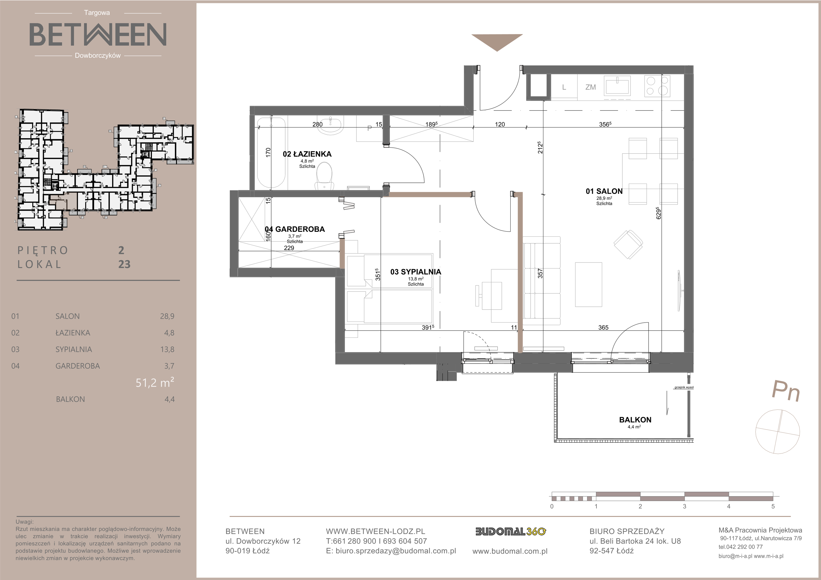 Mieszkanie 51,20 m², piętro 2, oferta nr 23, Between, Łódź, Widzew, ul. Dowborczyków 12-idx