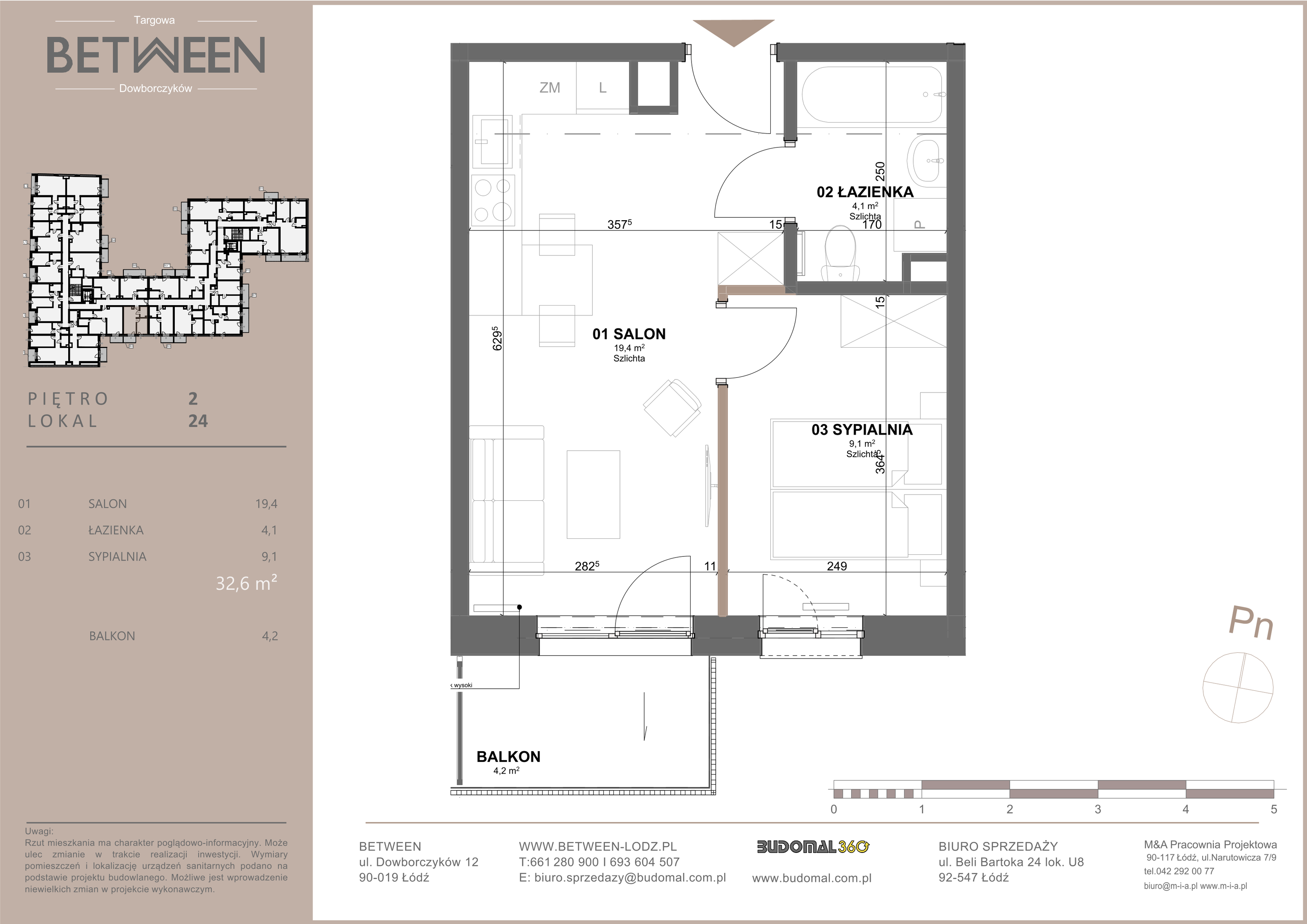 Mieszkanie 32,60 m², piętro 2, oferta nr 24, Between, Łódź, Widzew, ul. Dowborczyków 12-idx