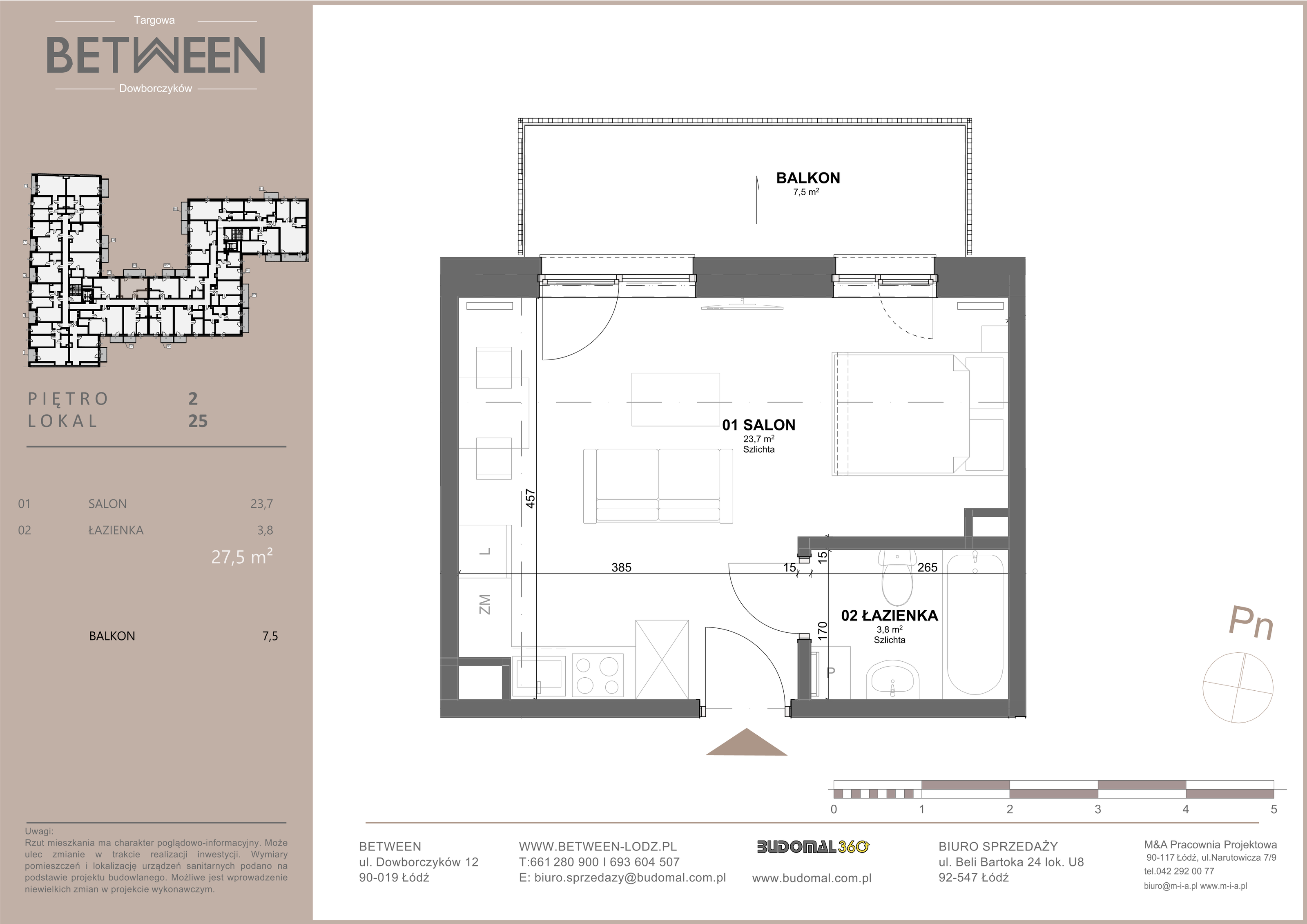 Mieszkanie 27,50 m², piętro 2, oferta nr 25, Between, Łódź, Widzew, ul. Dowborczyków 12-idx