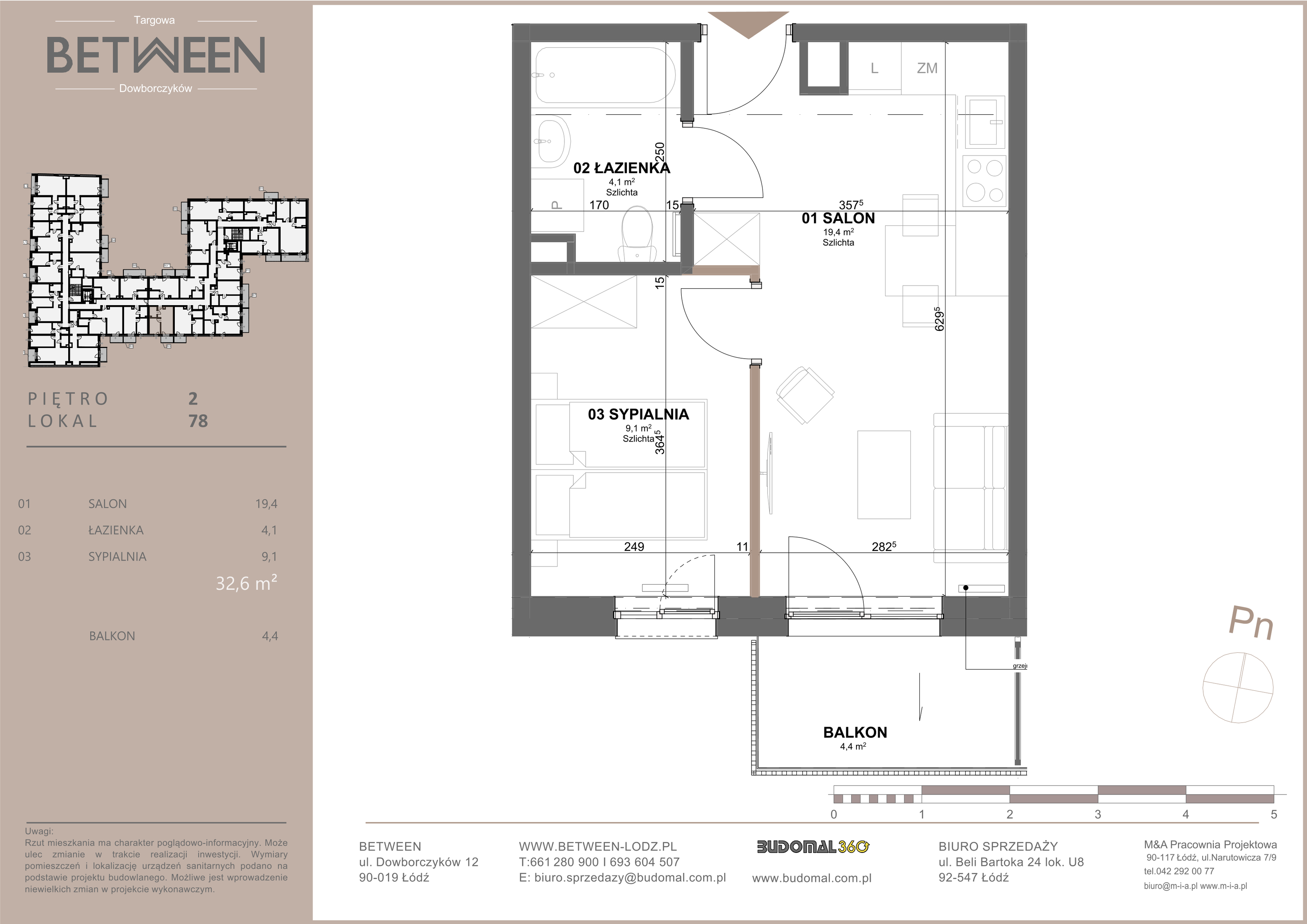 Mieszkanie 32,60 m², piętro 2, oferta nr 78, Between, Łódź, Widzew, ul. Dowborczyków 12-idx