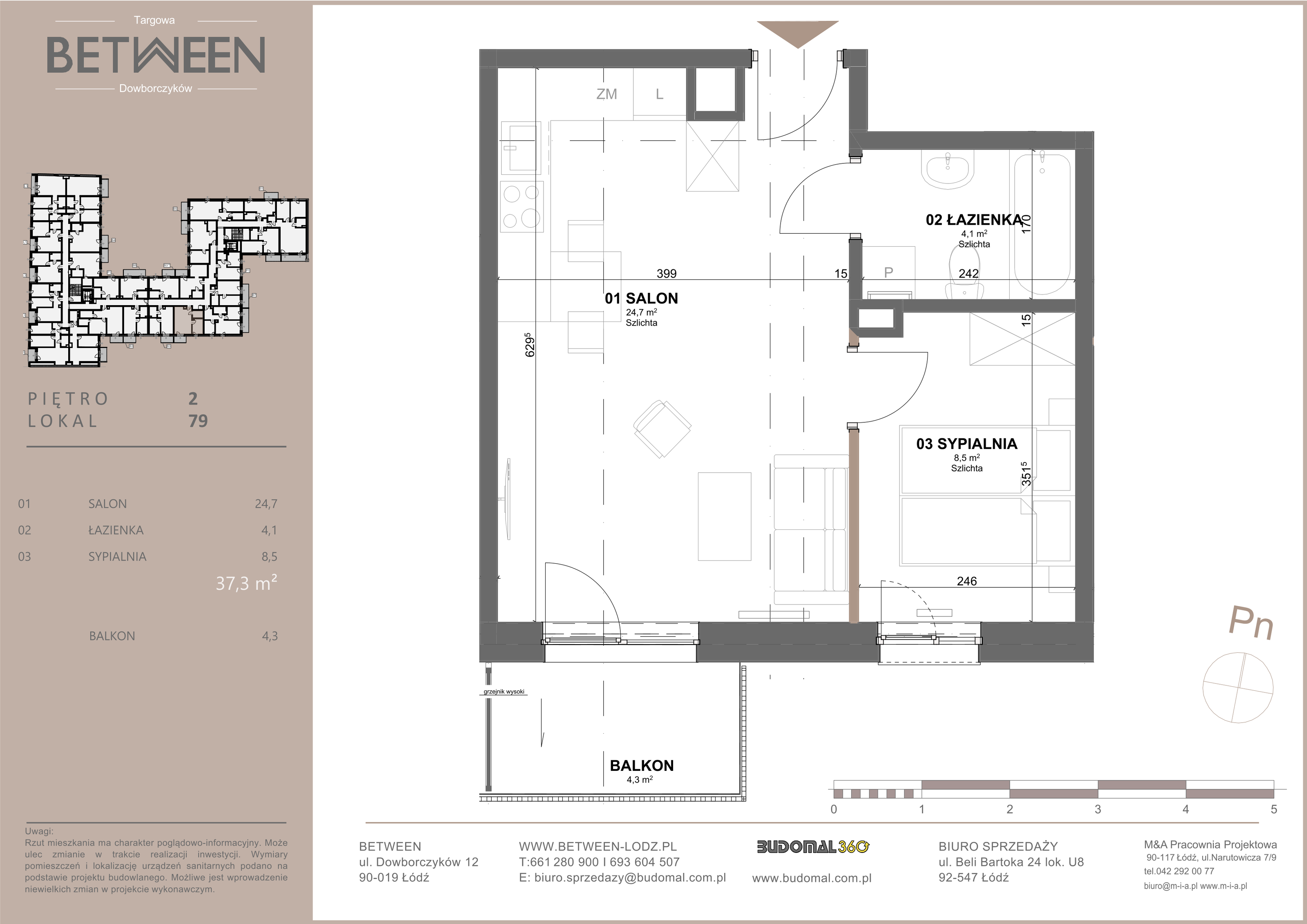 Mieszkanie 37,30 m², piętro 2, oferta nr 79, Between, Łódź, Widzew, ul. Dowborczyków 12-idx