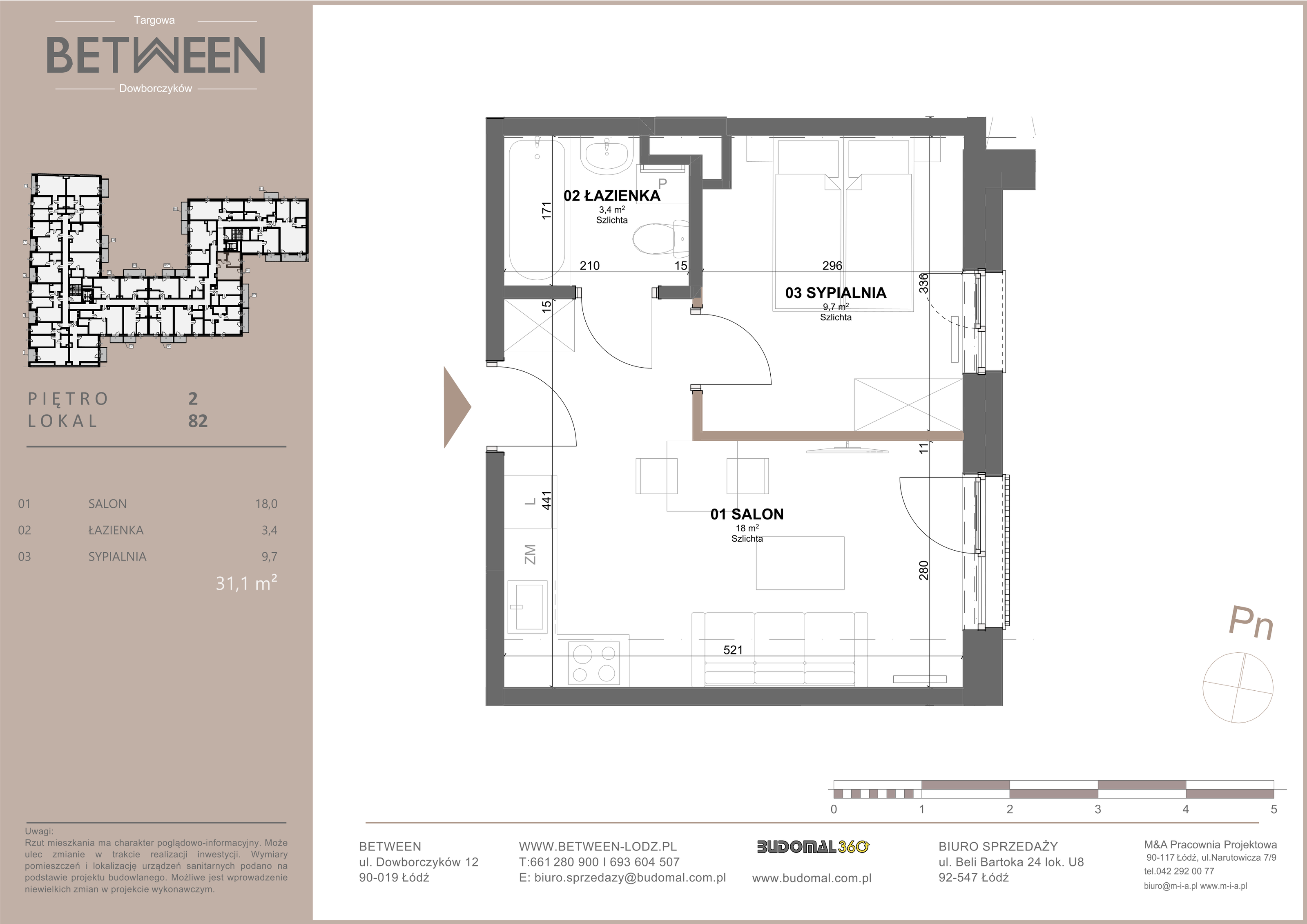 Mieszkanie 31,10 m², piętro 2, oferta nr 82, Between, Łódź, Widzew, ul. Dowborczyków 12-idx