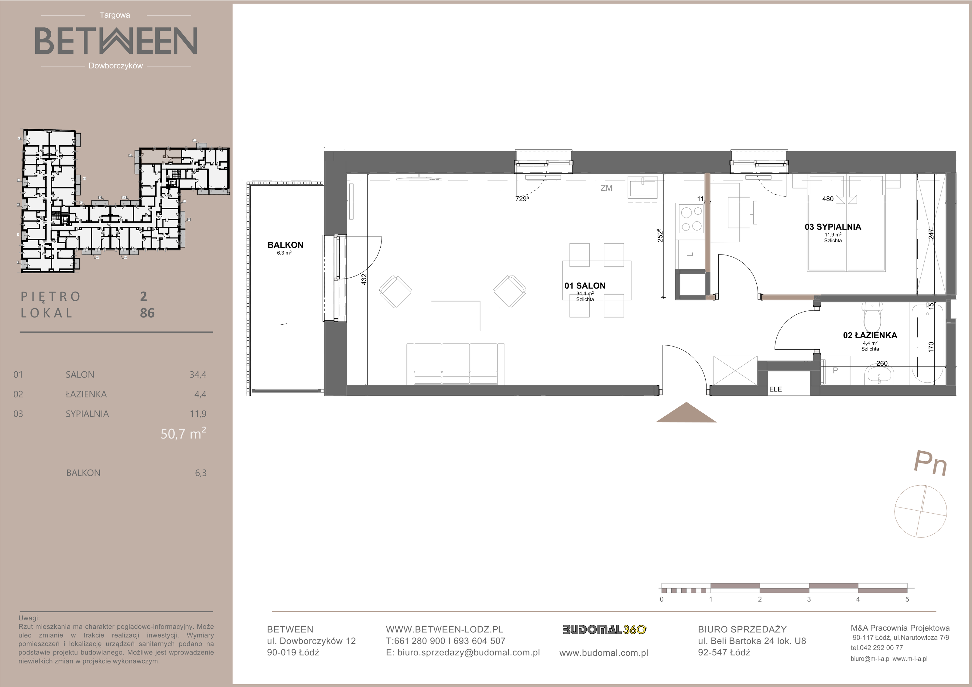 Mieszkanie 50,70 m², piętro 2, oferta nr 86, Between, Łódź, Widzew, ul. Dowborczyków 12-idx