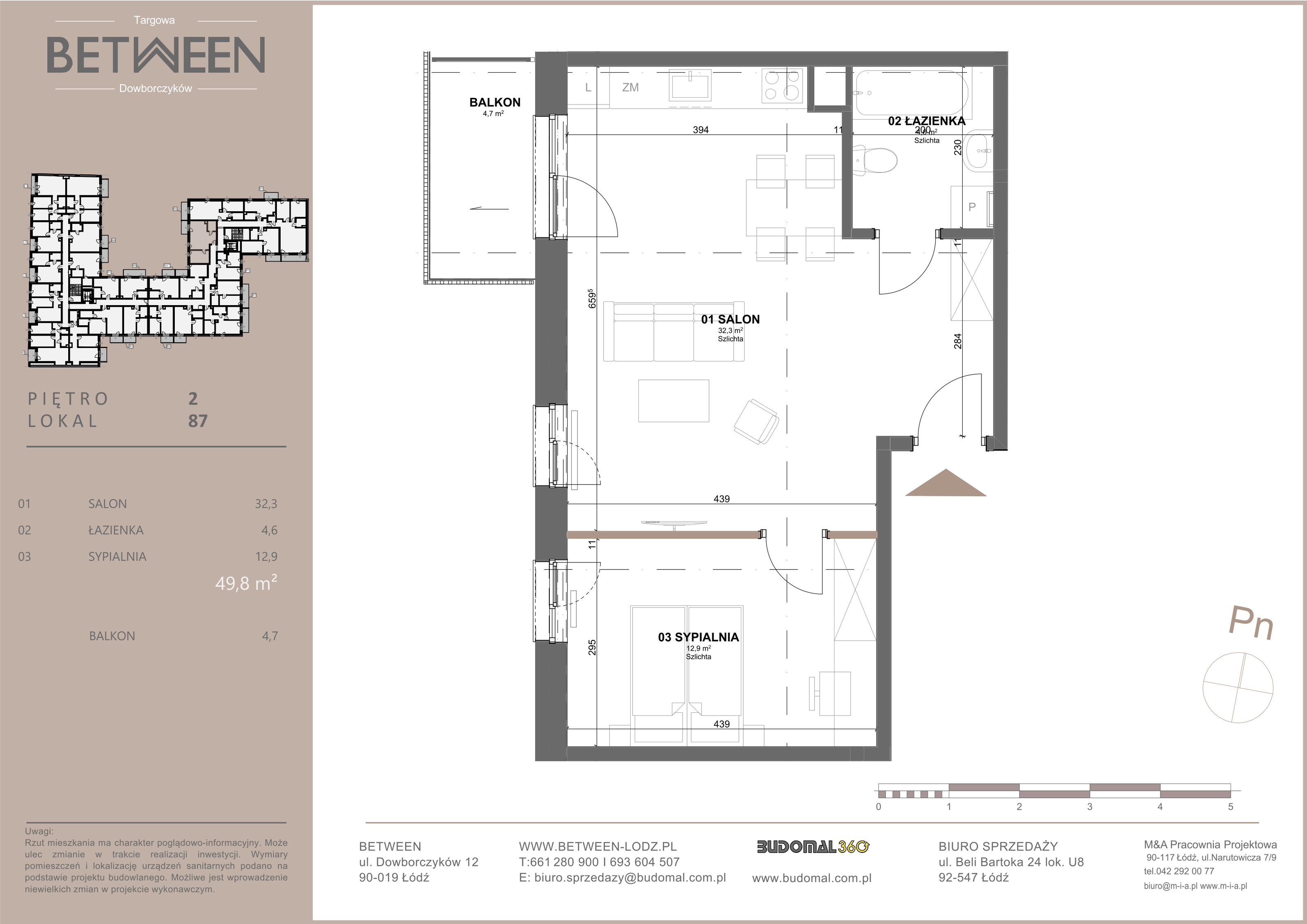 Mieszkanie 49,80 m², piętro 2, oferta nr 87, Between, Łódź, Widzew, ul. Dowborczyków 12-idx