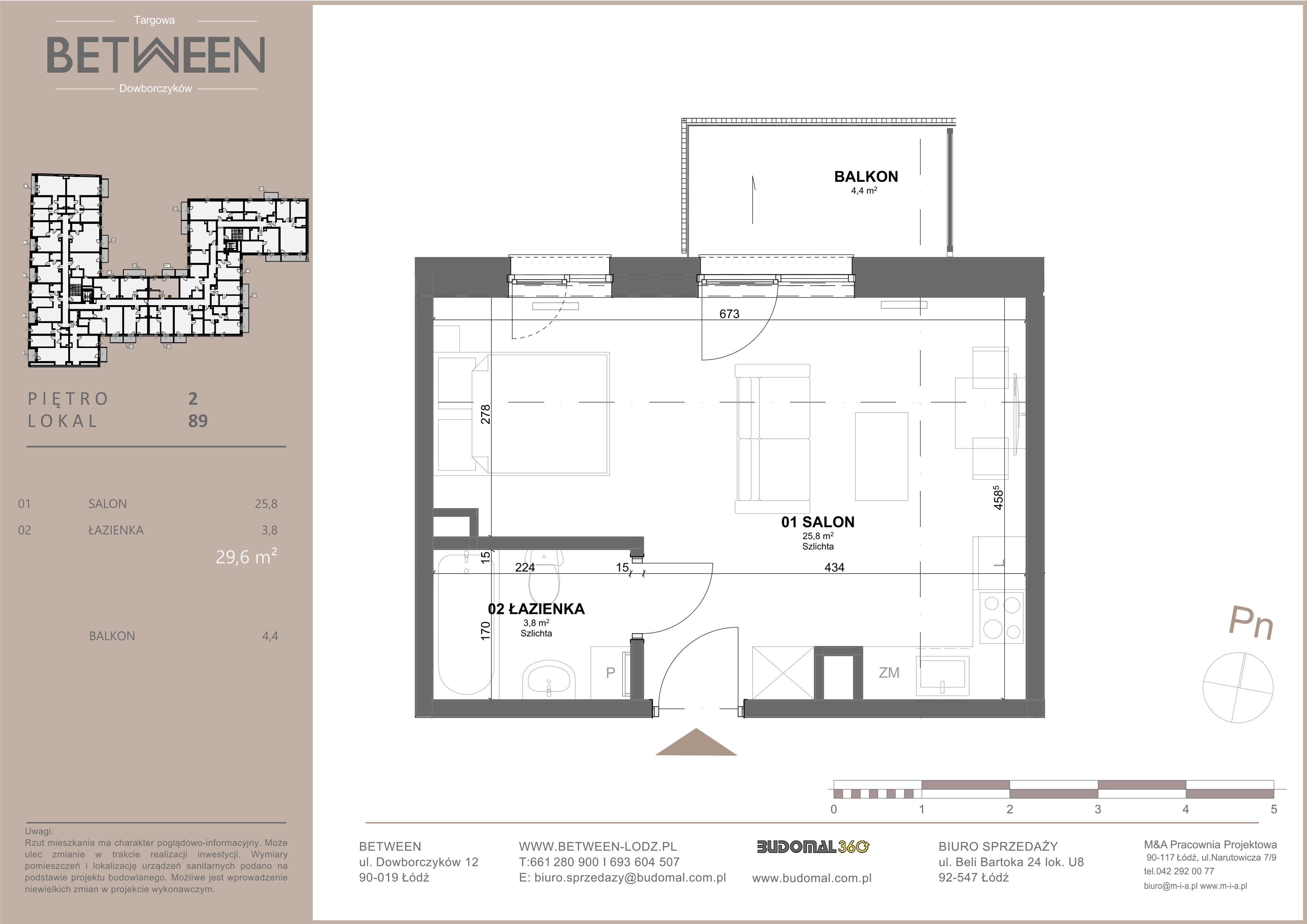 Mieszkanie 29,60 m², piętro 2, oferta nr 89, Between, Łódź, Widzew, ul. Dowborczyków 12-idx