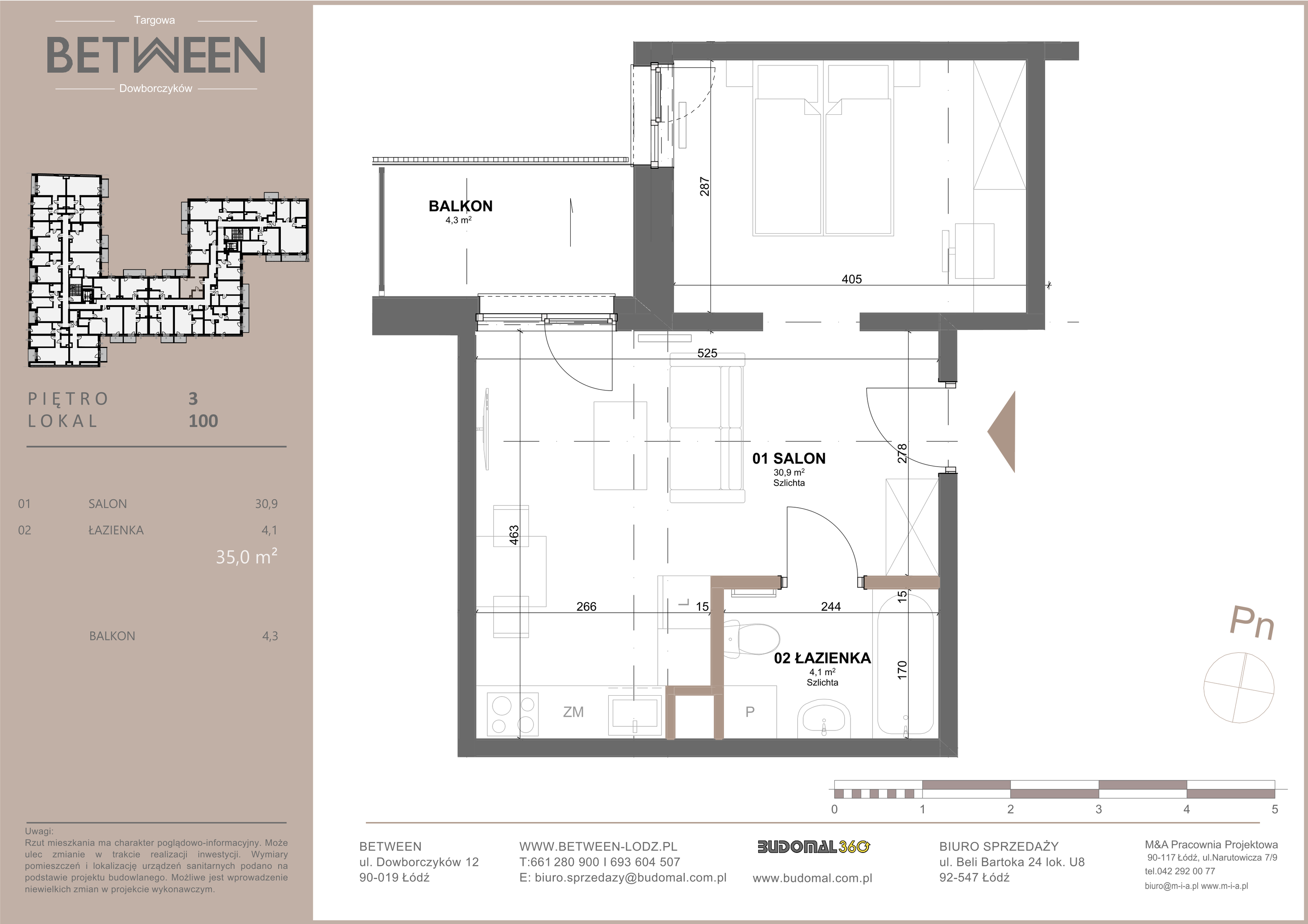 Mieszkanie 35,00 m², piętro 3, oferta nr 100, Between, Łódź, Widzew, ul. Dowborczyków 12-idx