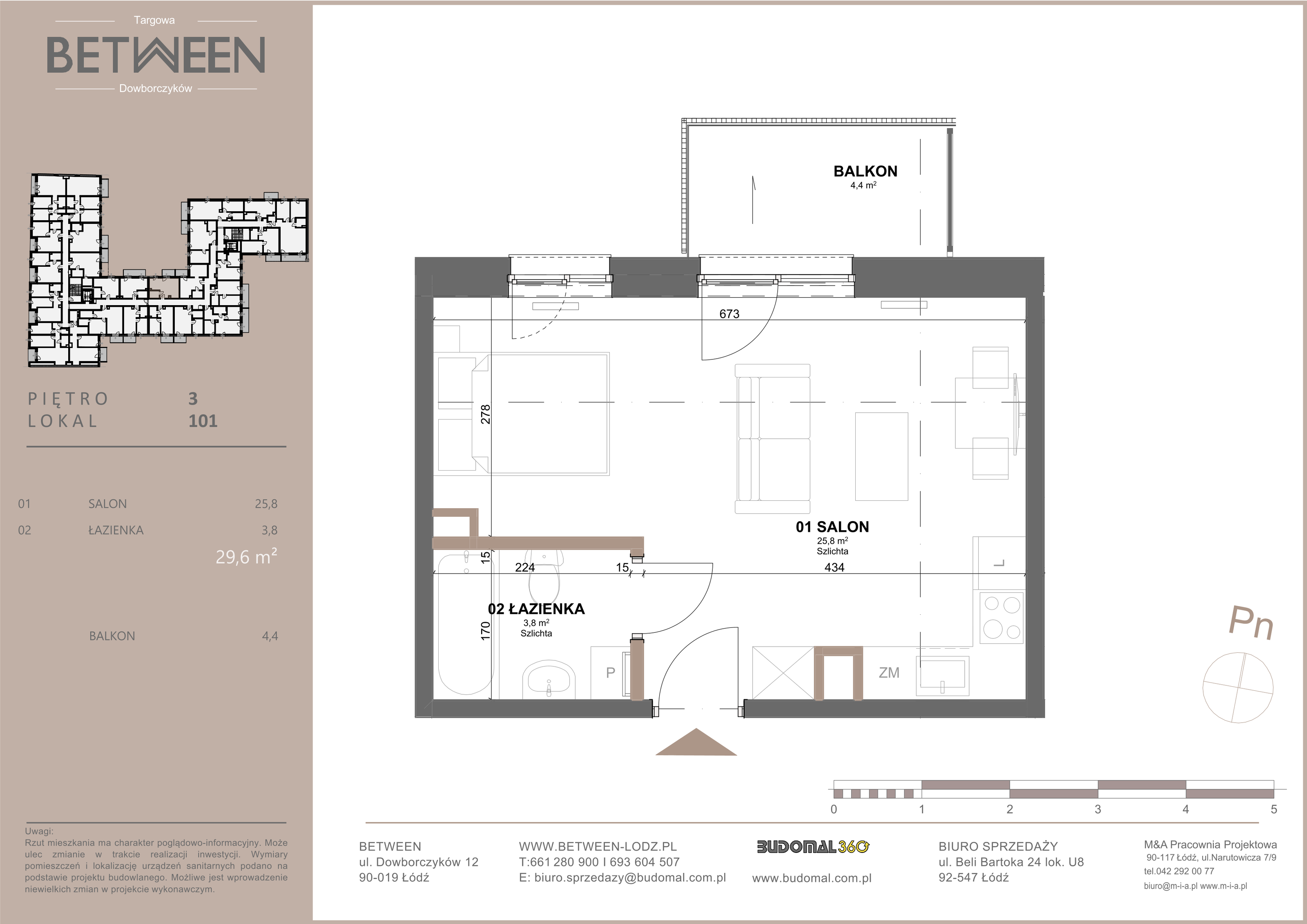 Mieszkanie 29,60 m², piętro 3, oferta nr 101, Between, Łódź, Widzew, ul. Dowborczyków 12-idx