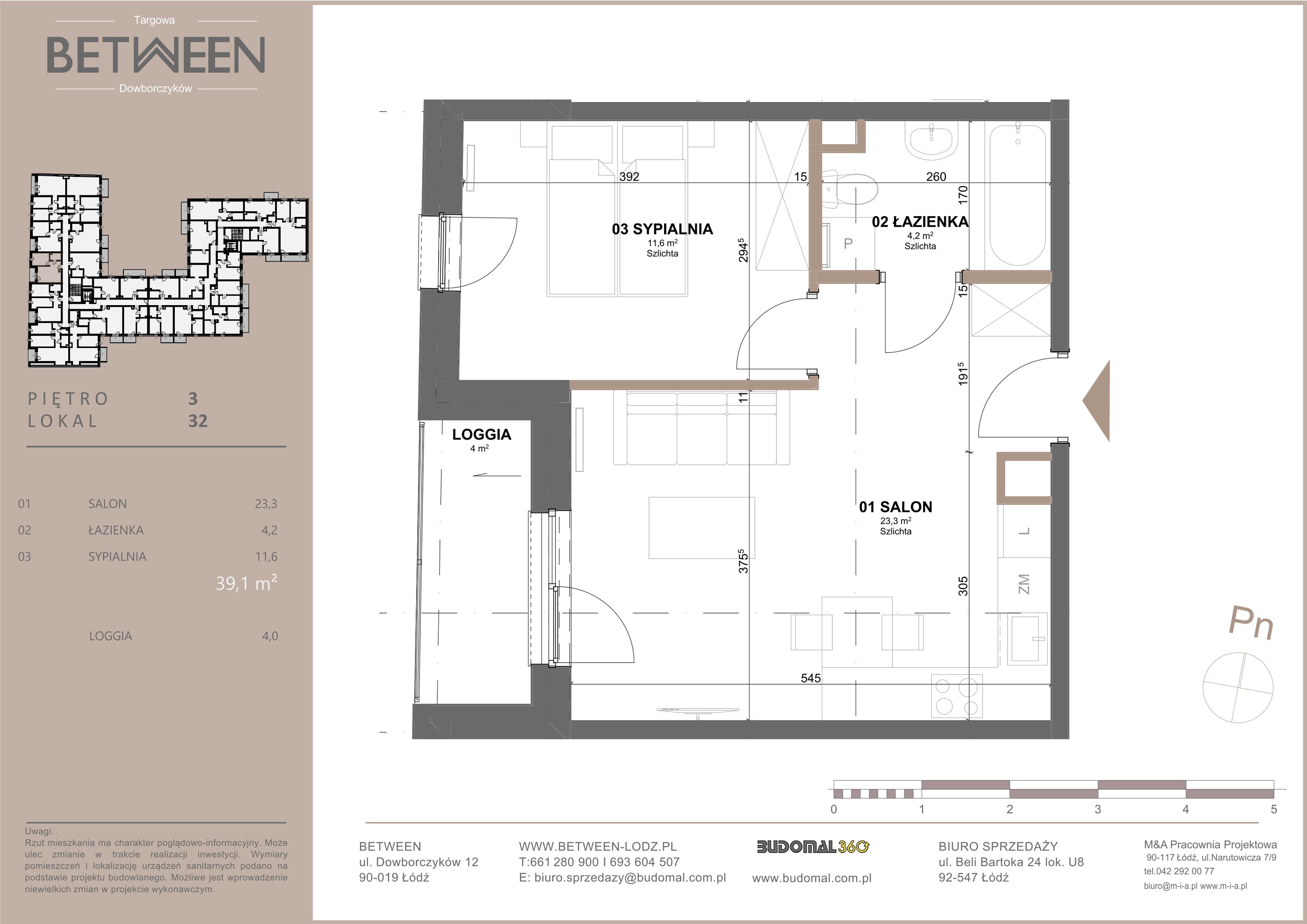 Mieszkanie 39,10 m², piętro 3, oferta nr 32, Between, Łódź, Widzew, ul. Dowborczyków 12-idx