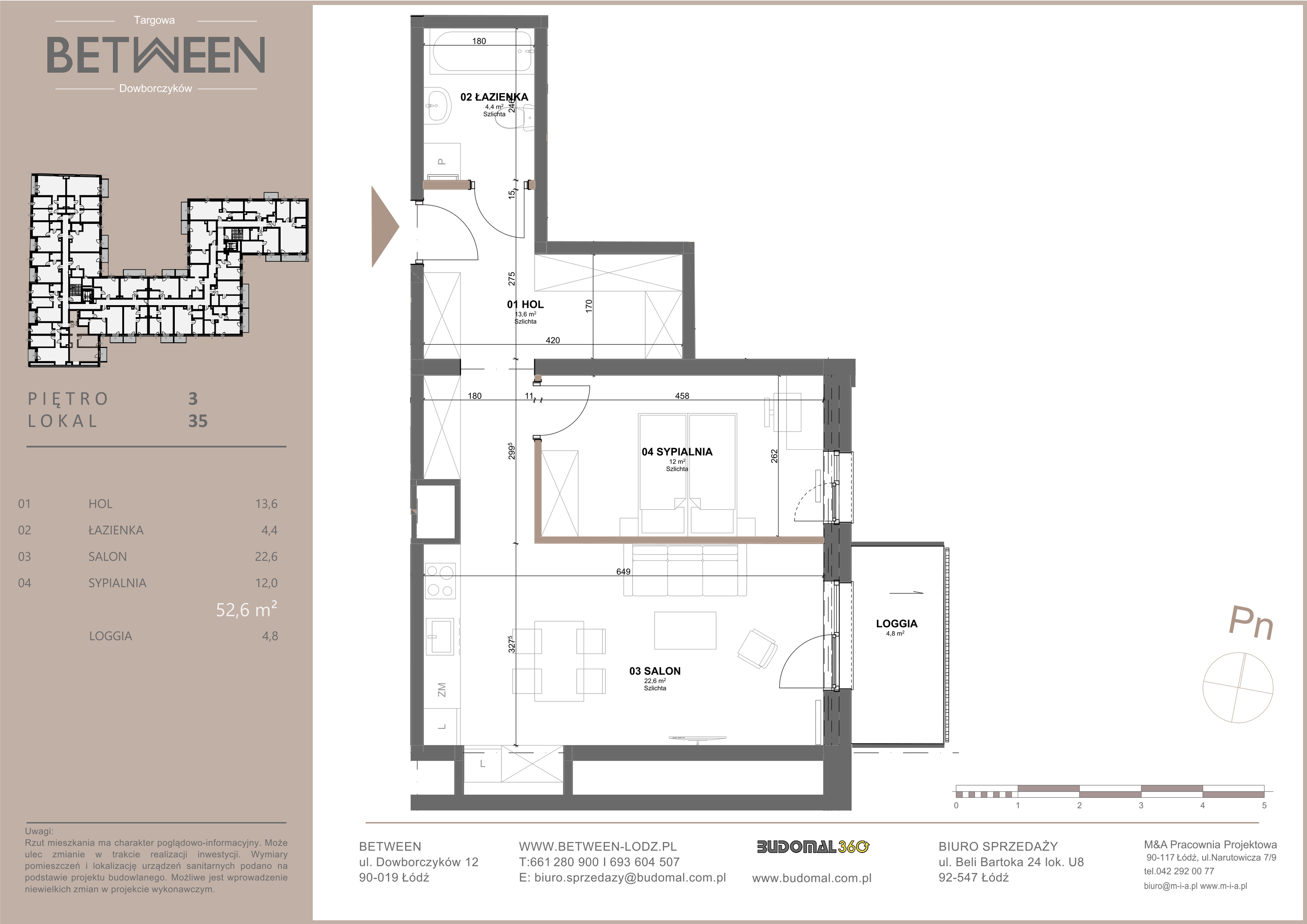 Mieszkanie 52,60 m², piętro 3, oferta nr 35, Between, Łódź, Widzew, ul. Dowborczyków 12-idx