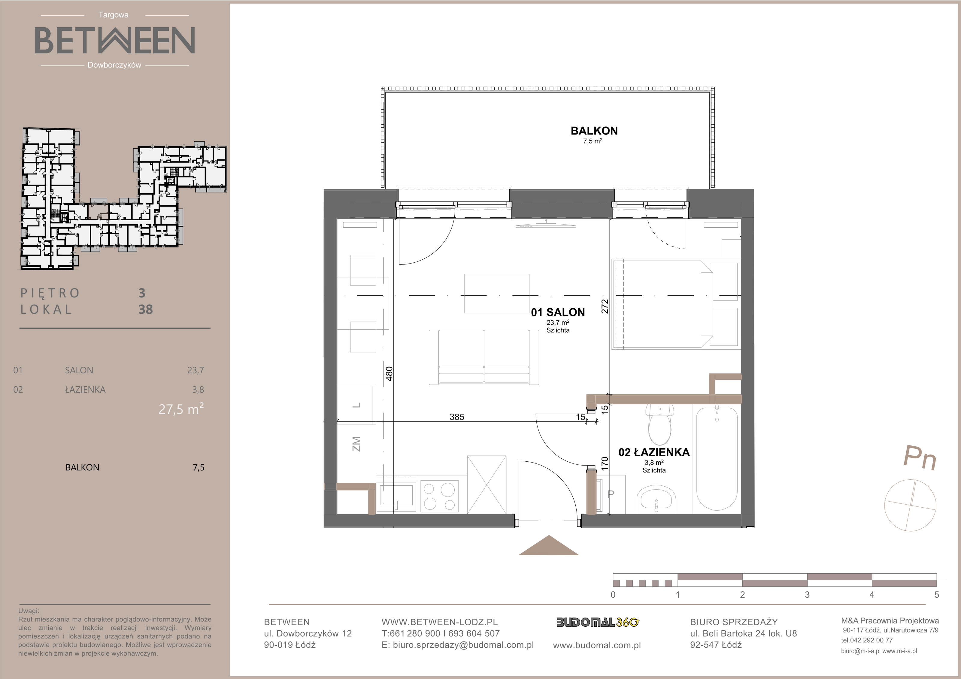 Mieszkanie 27,50 m², piętro 3, oferta nr 38, Between, Łódź, Widzew, ul. Dowborczyków 12-idx