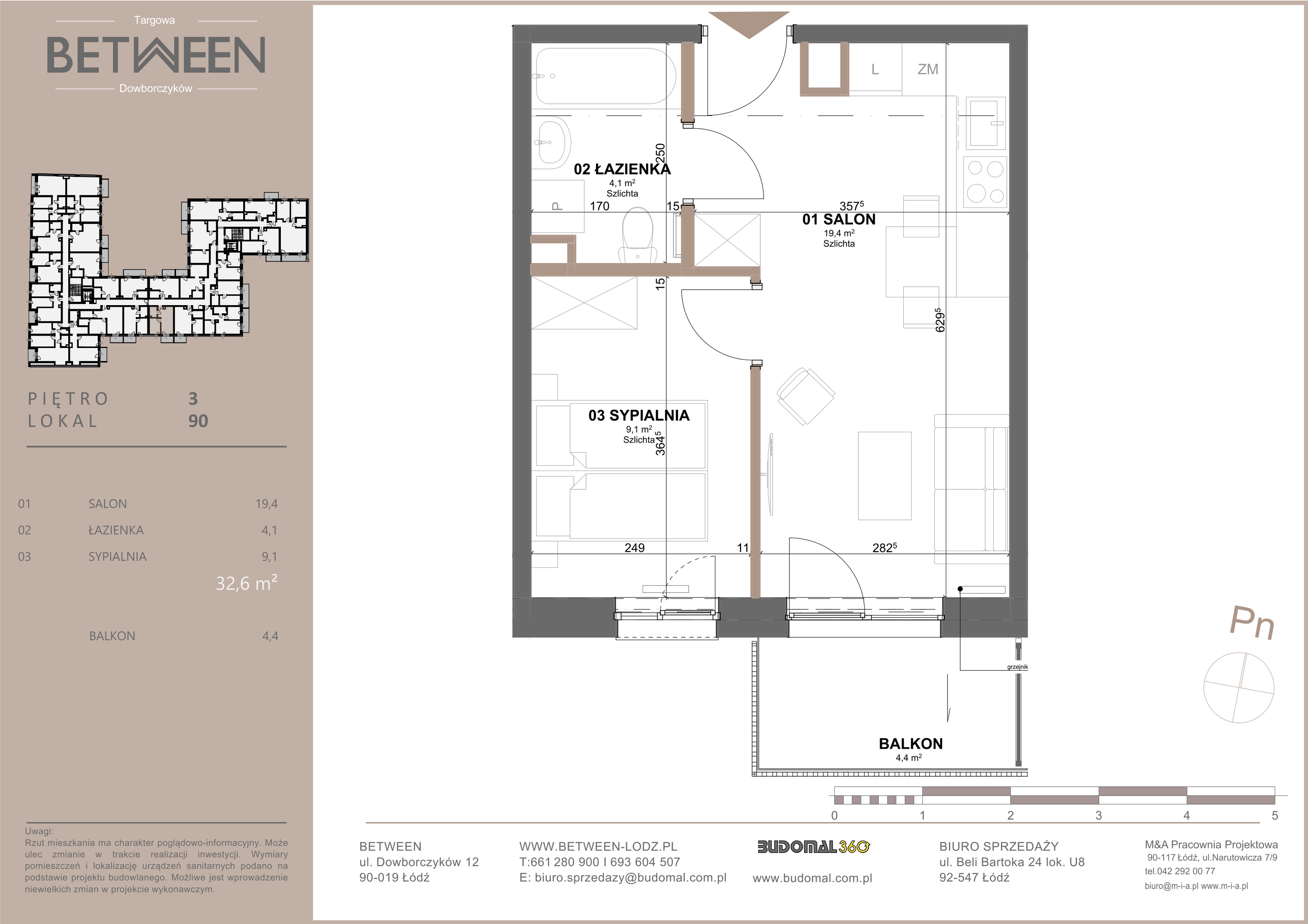 Mieszkanie 32,60 m², piętro 3, oferta nr 90, Between, Łódź, Widzew, ul. Dowborczyków 12-idx