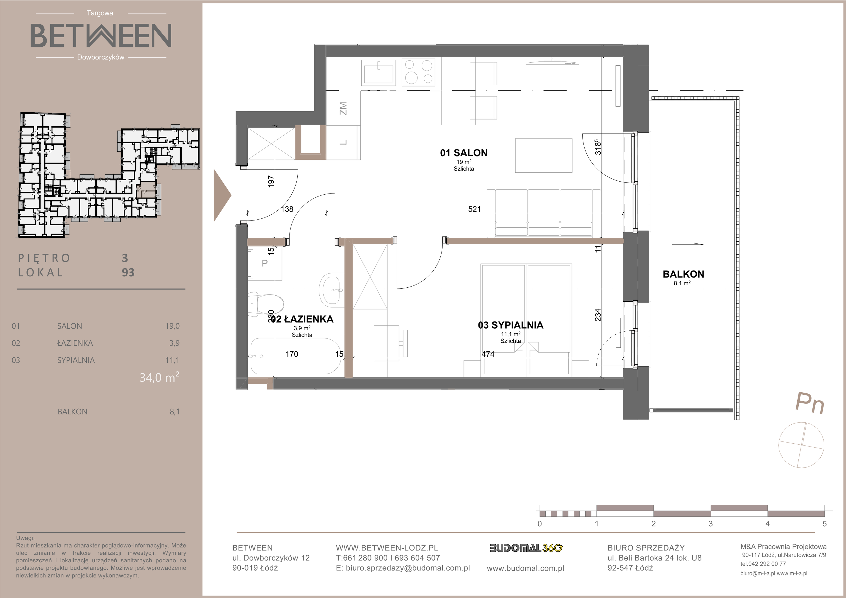 Mieszkanie 34,00 m², piętro 3, oferta nr 93, Between, Łódź, Widzew, ul. Dowborczyków 12-idx