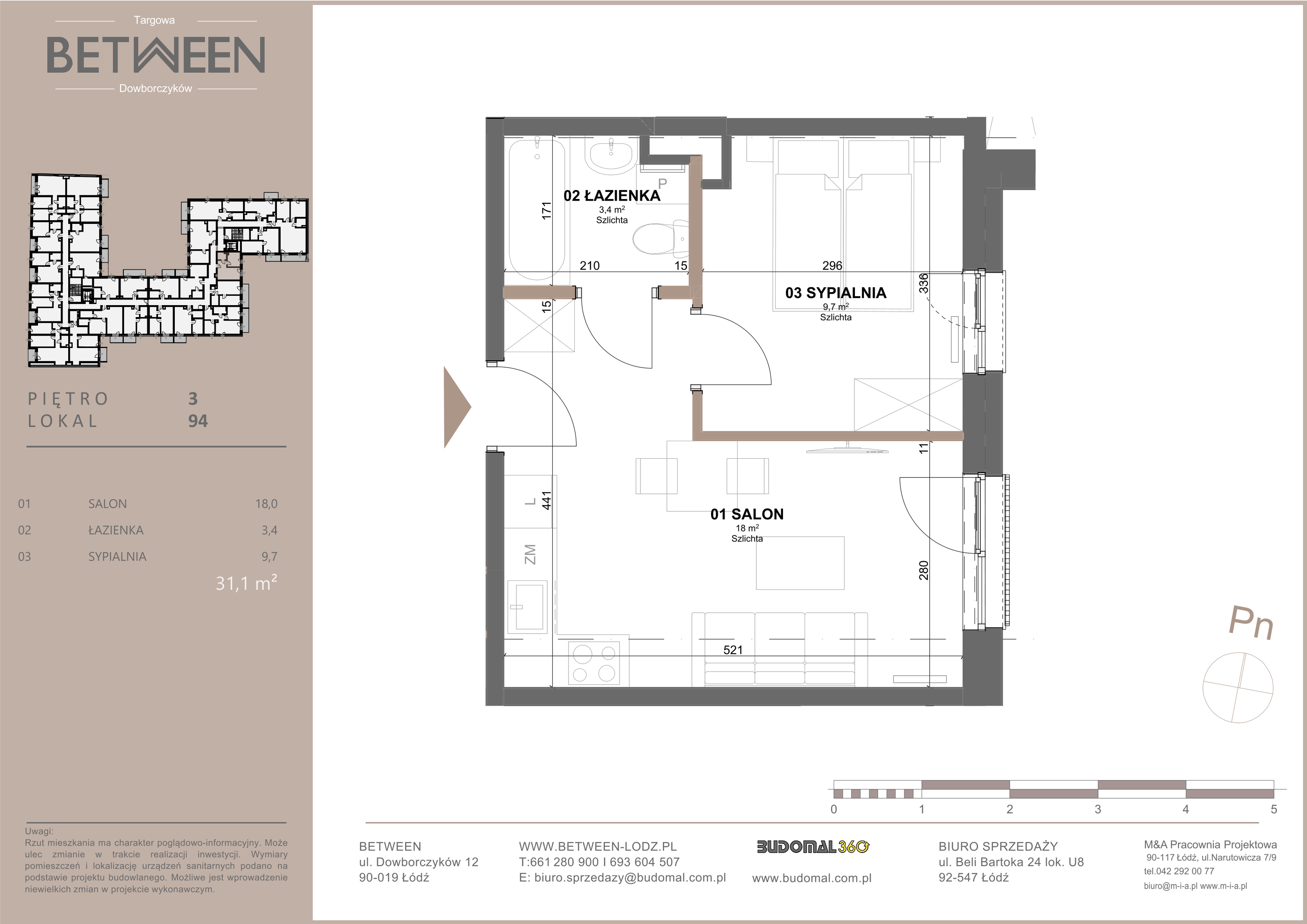 Mieszkanie 31,10 m², piętro 3, oferta nr 94, Between, Łódź, Widzew, ul. Dowborczyków 12-idx