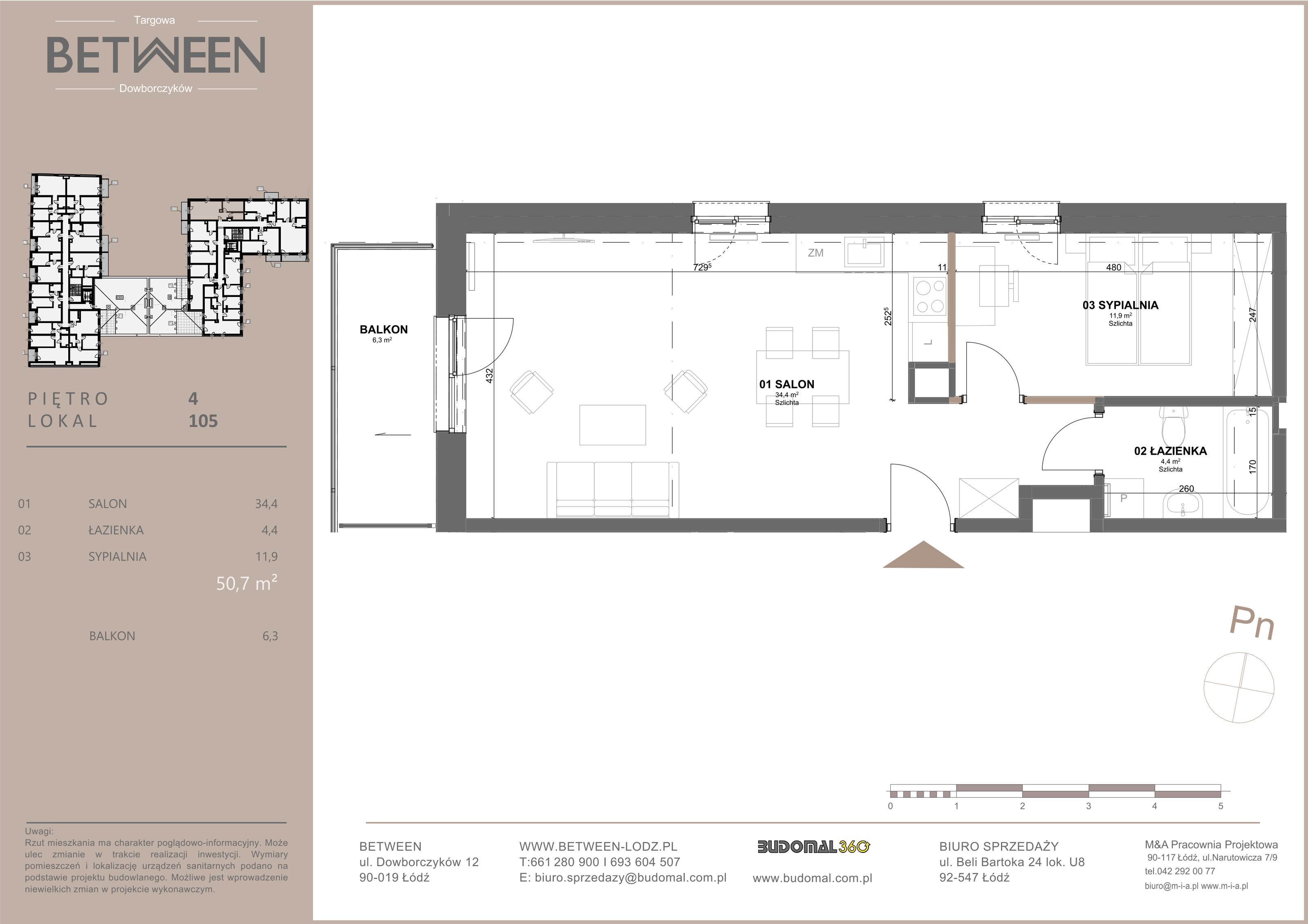 Mieszkanie 50,70 m², piętro 4, oferta nr 105, Between, Łódź, Widzew, ul. Dowborczyków 12-idx