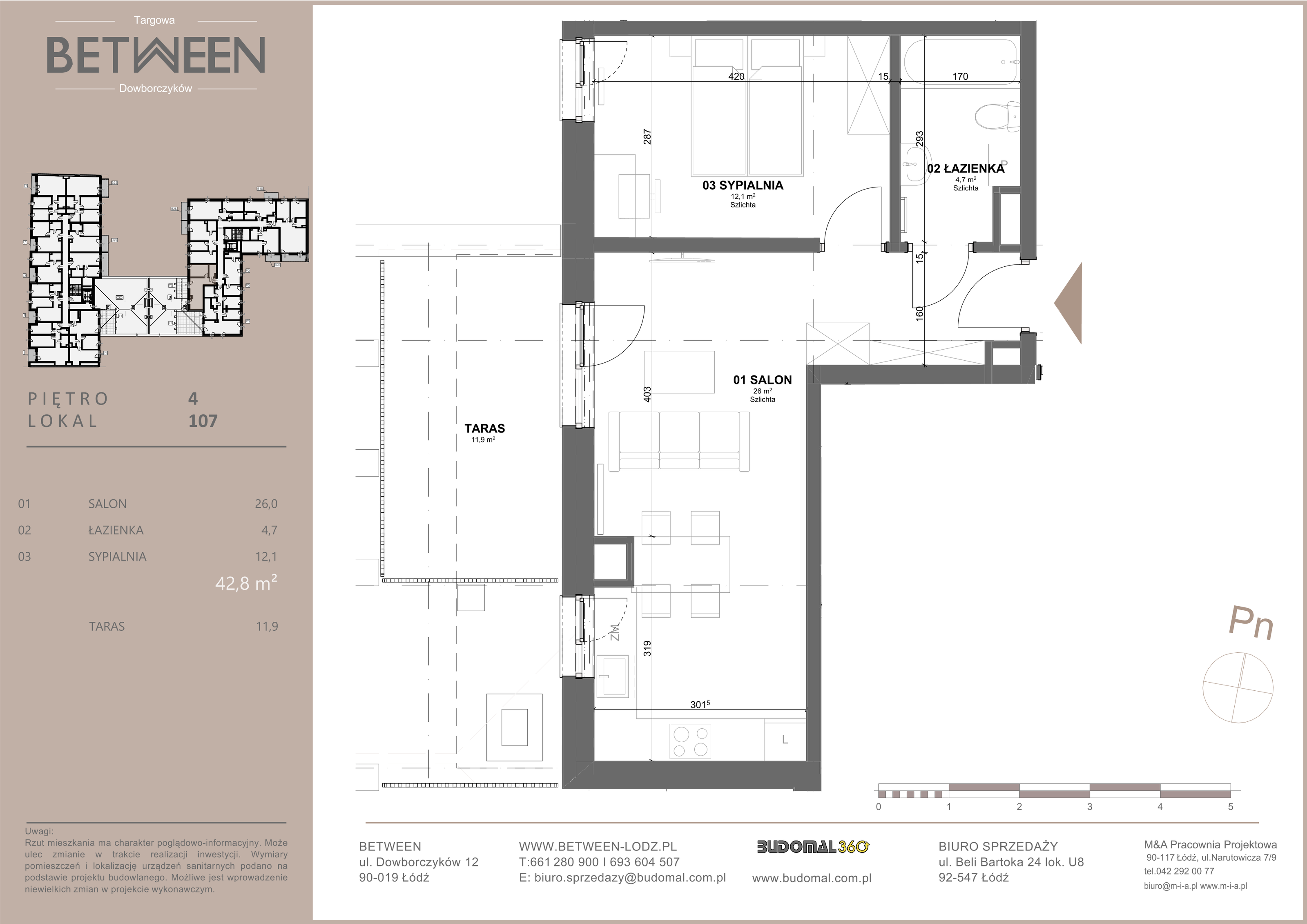 Mieszkanie 42,80 m², piętro 4, oferta nr 107, Between, Łódź, Widzew, ul. Dowborczyków 12-idx