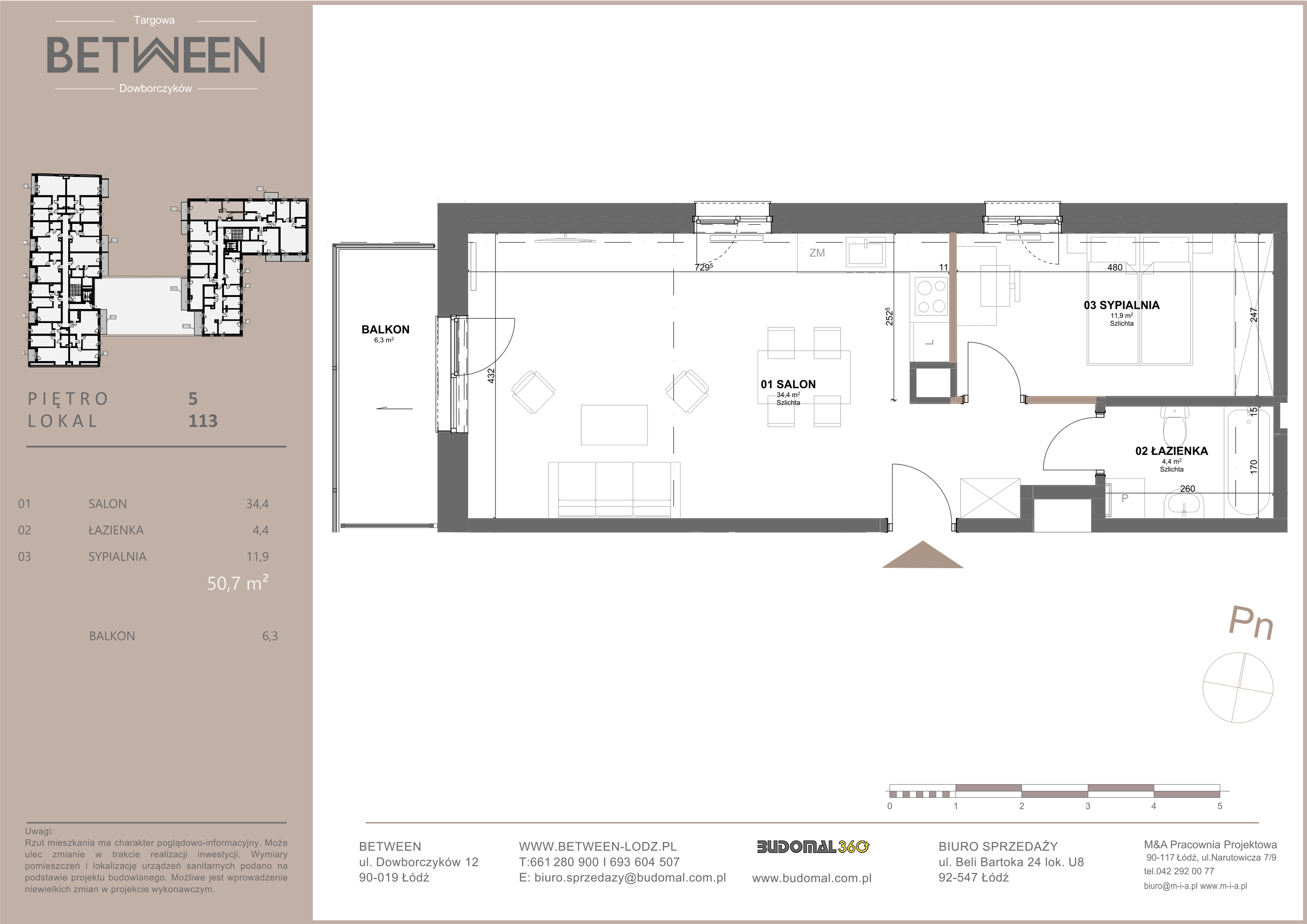 Mieszkanie 50,70 m², piętro 5, oferta nr 113, Between, Łódź, Widzew, ul. Dowborczyków 12-idx