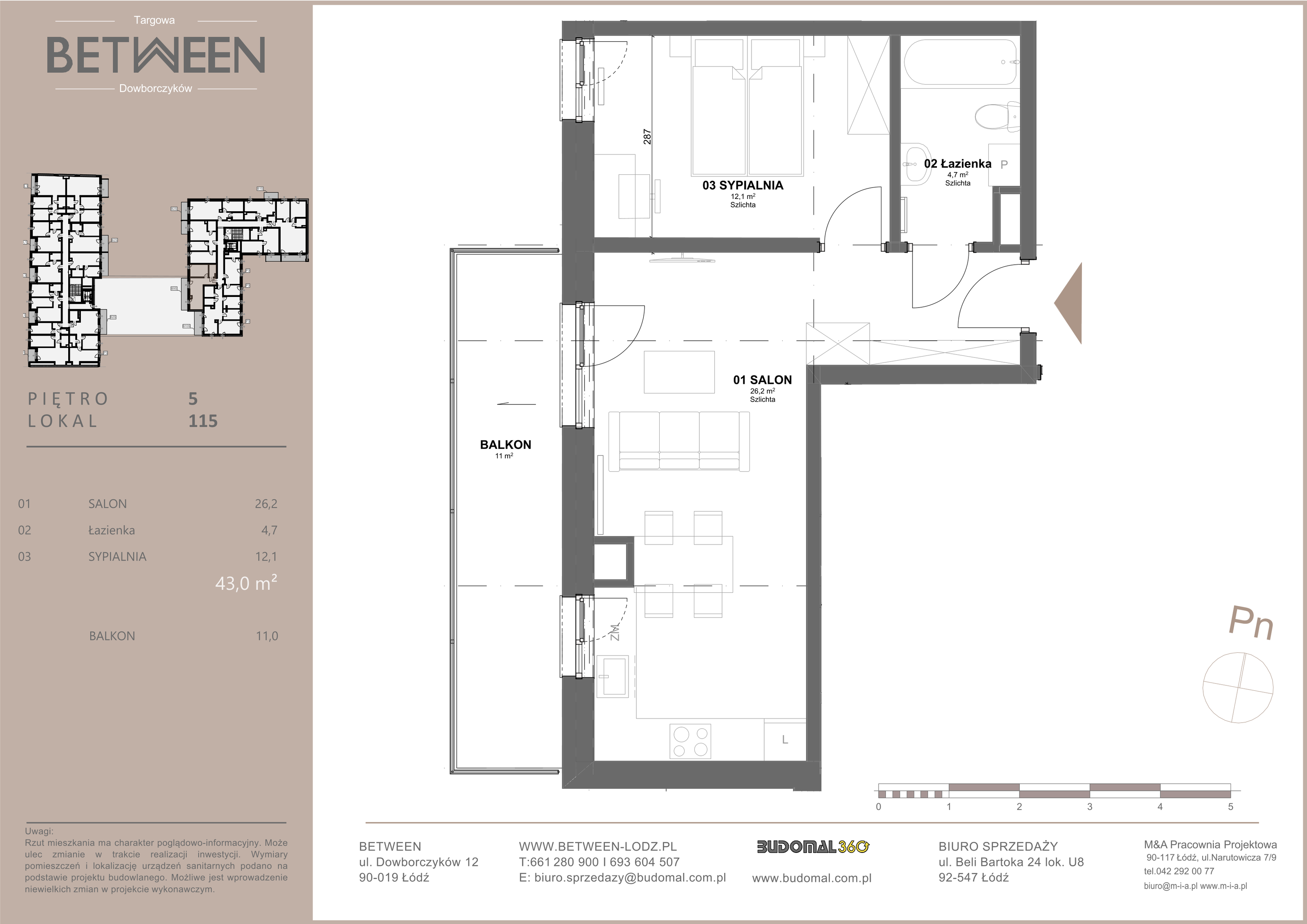 Mieszkanie 43,00 m², piętro 5, oferta nr 115, Between, Łódź, Widzew, ul. Dowborczyków 12-idx