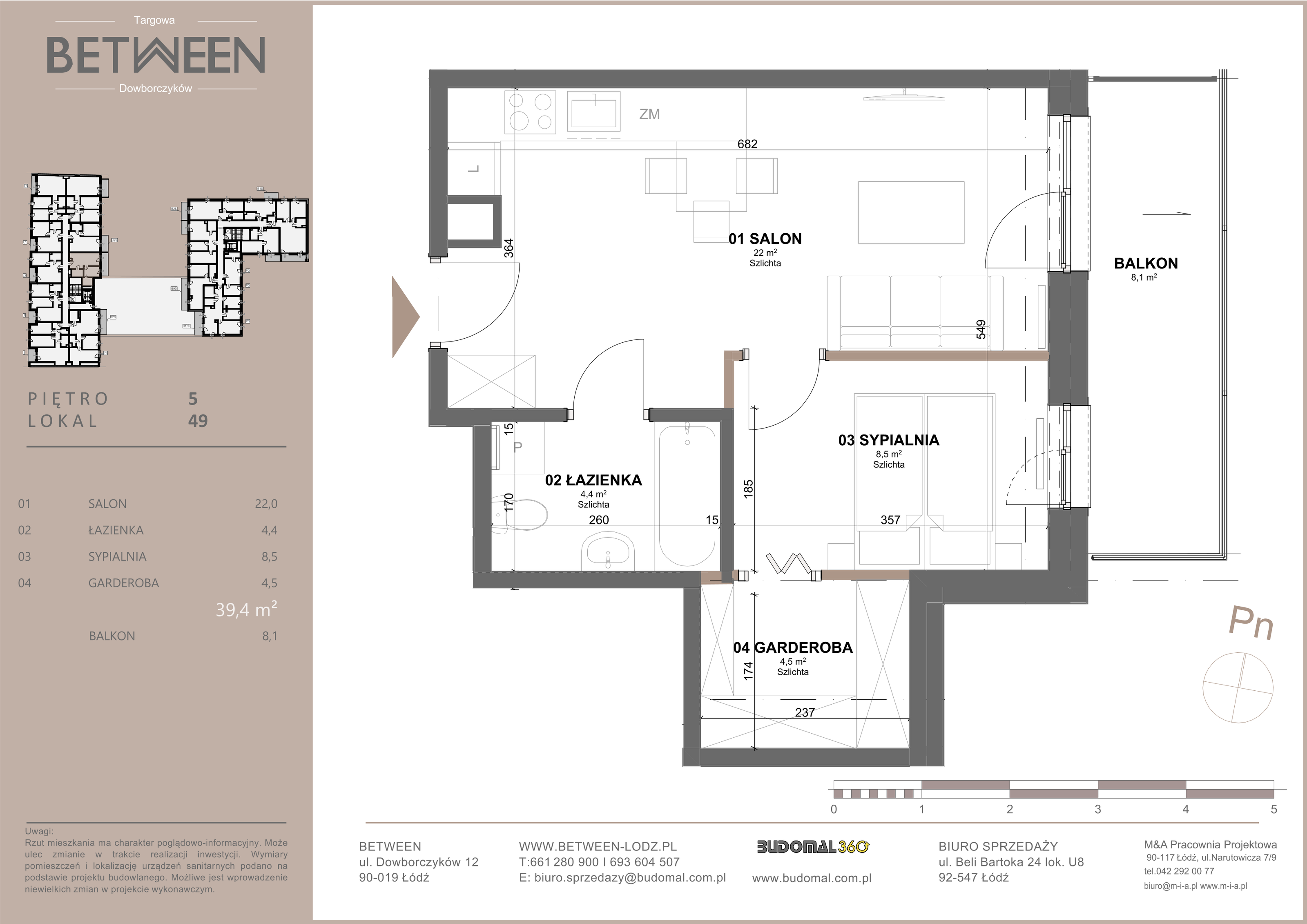 Mieszkanie 39,40 m², piętro 5, oferta nr 49, Between, Łódź, Widzew, ul. Dowborczyków 12-idx