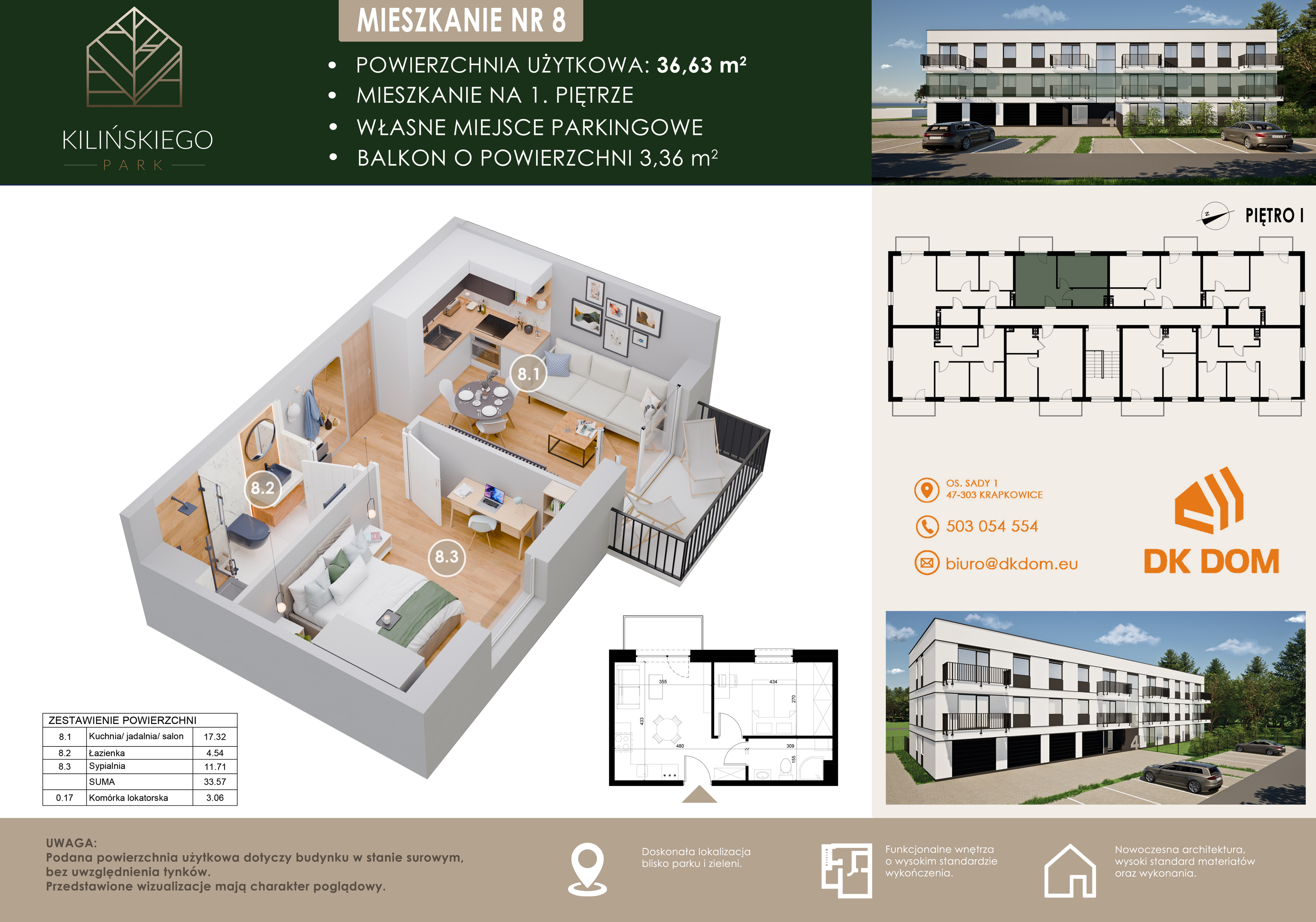 Mieszkanie 36,63 m², piętro 1, oferta nr 8, Kilińskiego Park, Krapkowice, ul. Kilińskiego-idx