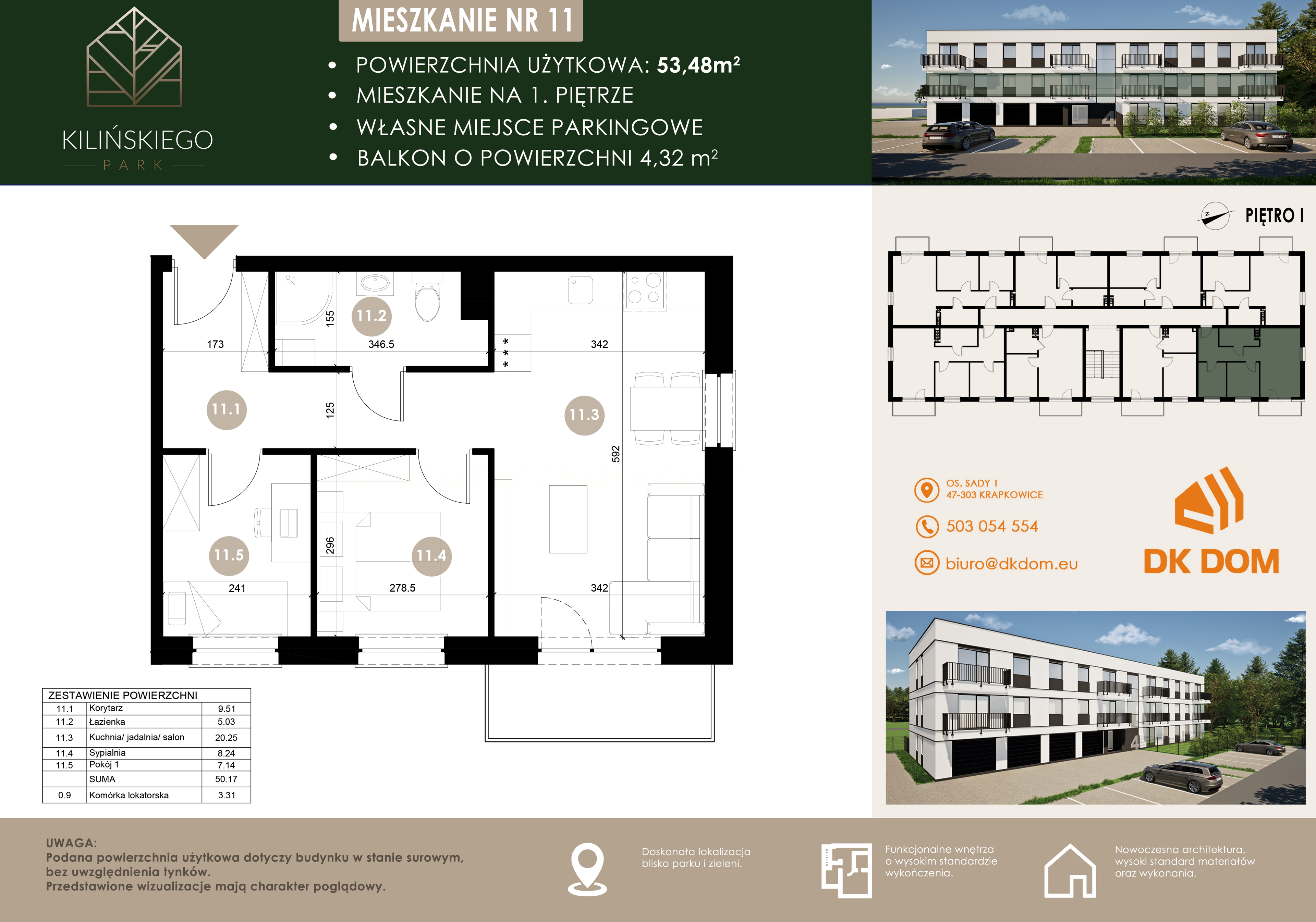 Mieszkanie 53,48 m², piętro 1, oferta nr 11, Kilińskiego Park, Krapkowice, ul. Kilińskiego-idx