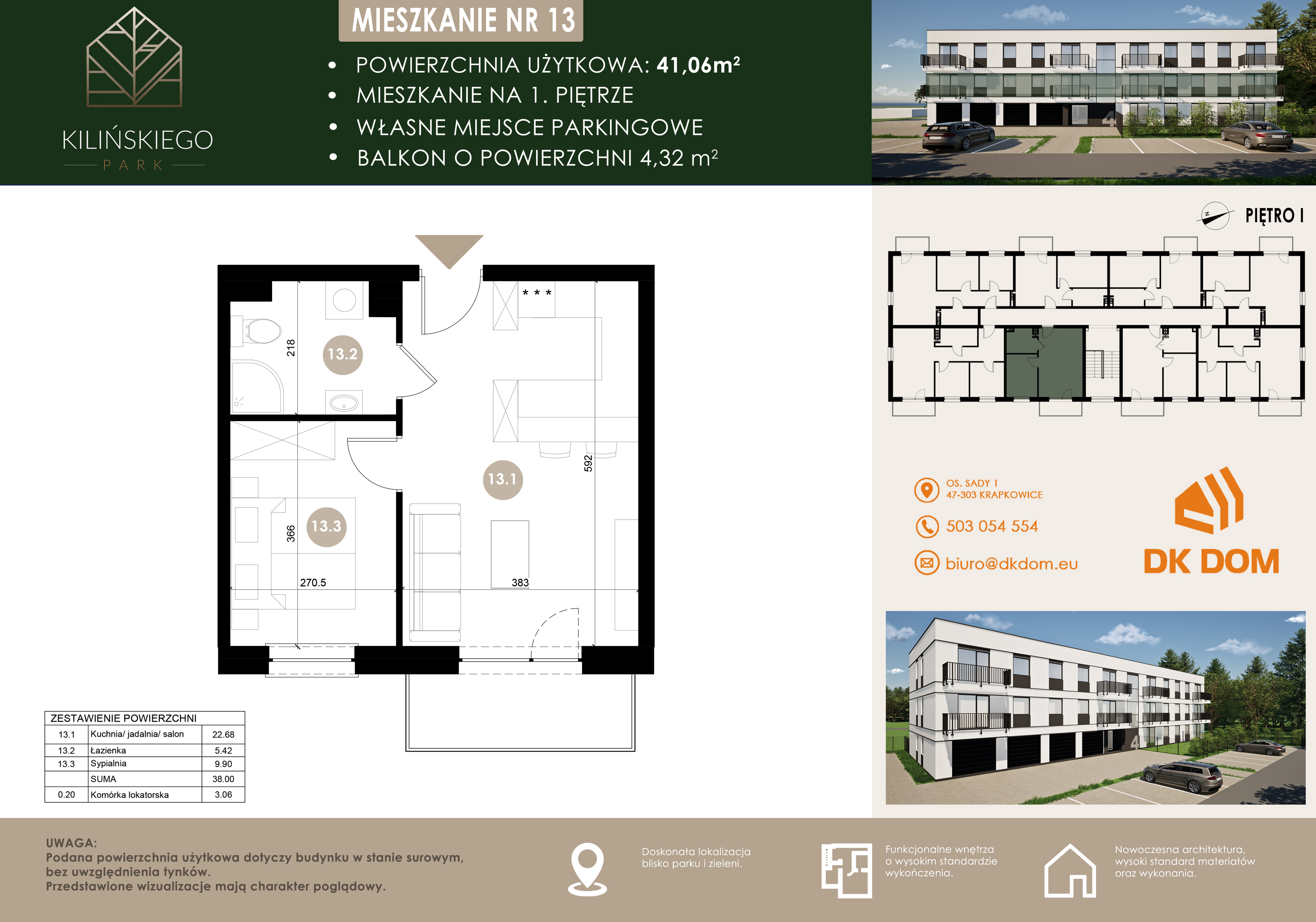 Mieszkanie 41,06 m², piętro 1, oferta nr 13, Kilińskiego Park, Krapkowice, ul. Kilińskiego-idx