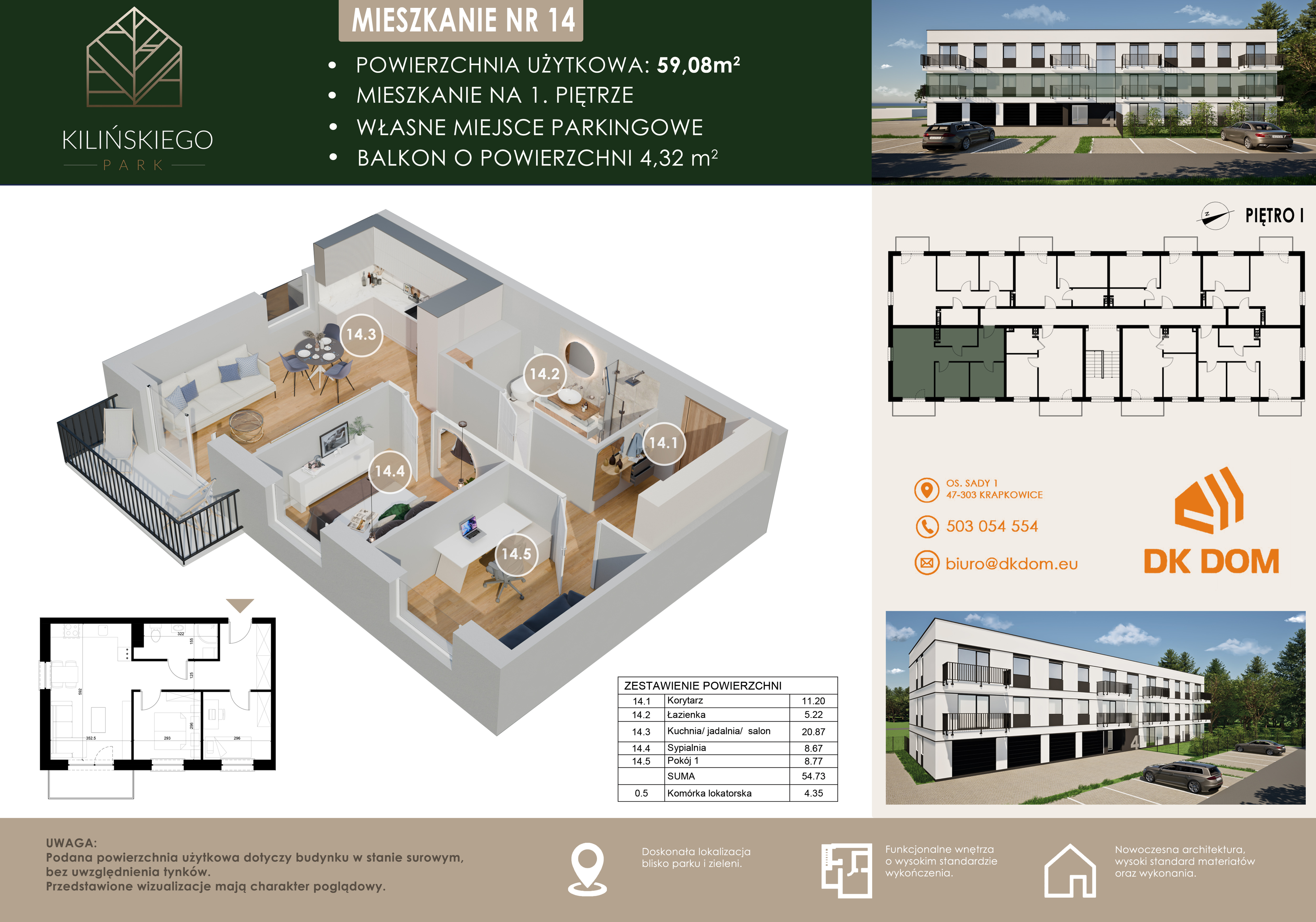 Mieszkanie 59,08 m², piętro 1, oferta nr 14, Kilińskiego Park, Krapkowice, ul. Kilińskiego-idx