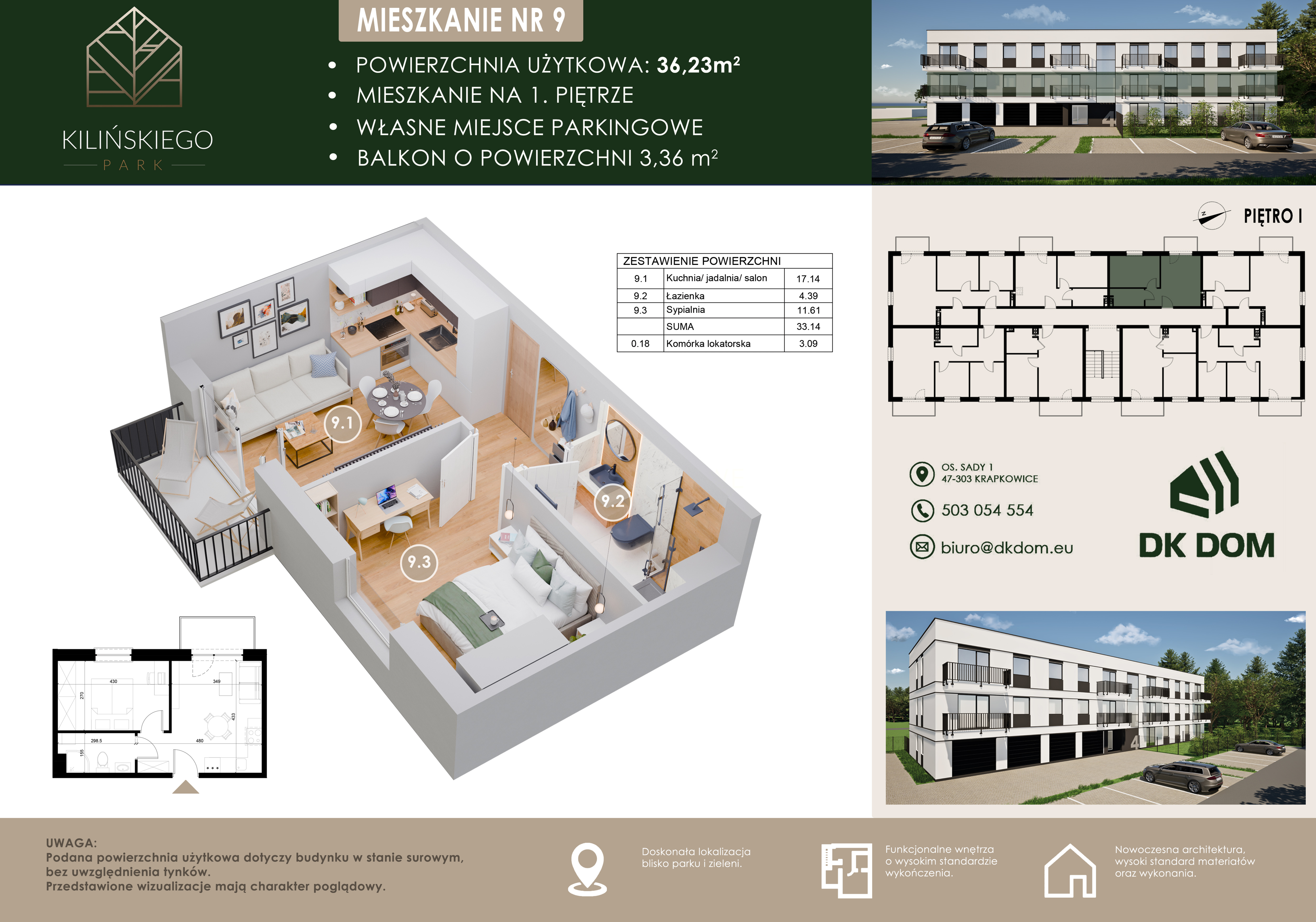 Mieszkanie 36,23 m², piętro 1, oferta nr 9, Kilińskiego Park, Krapkowice, ul. Kilińskiego-idx