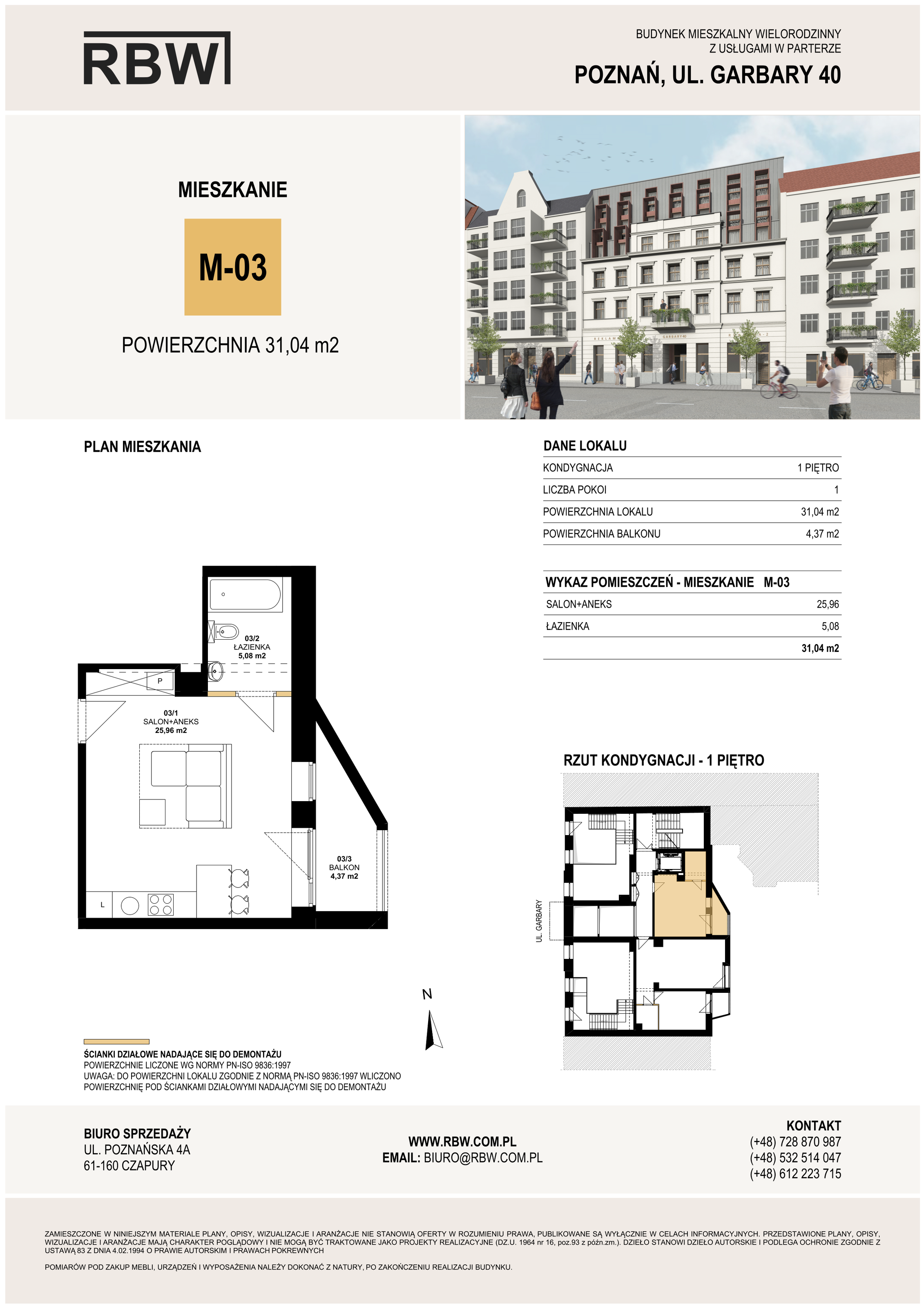 Mieszkanie 31,04 m², piętro 1, oferta nr M3, Garbary 40, Poznań, Stare Miasto, Stare Miasto, ul. Garbary 40-idx