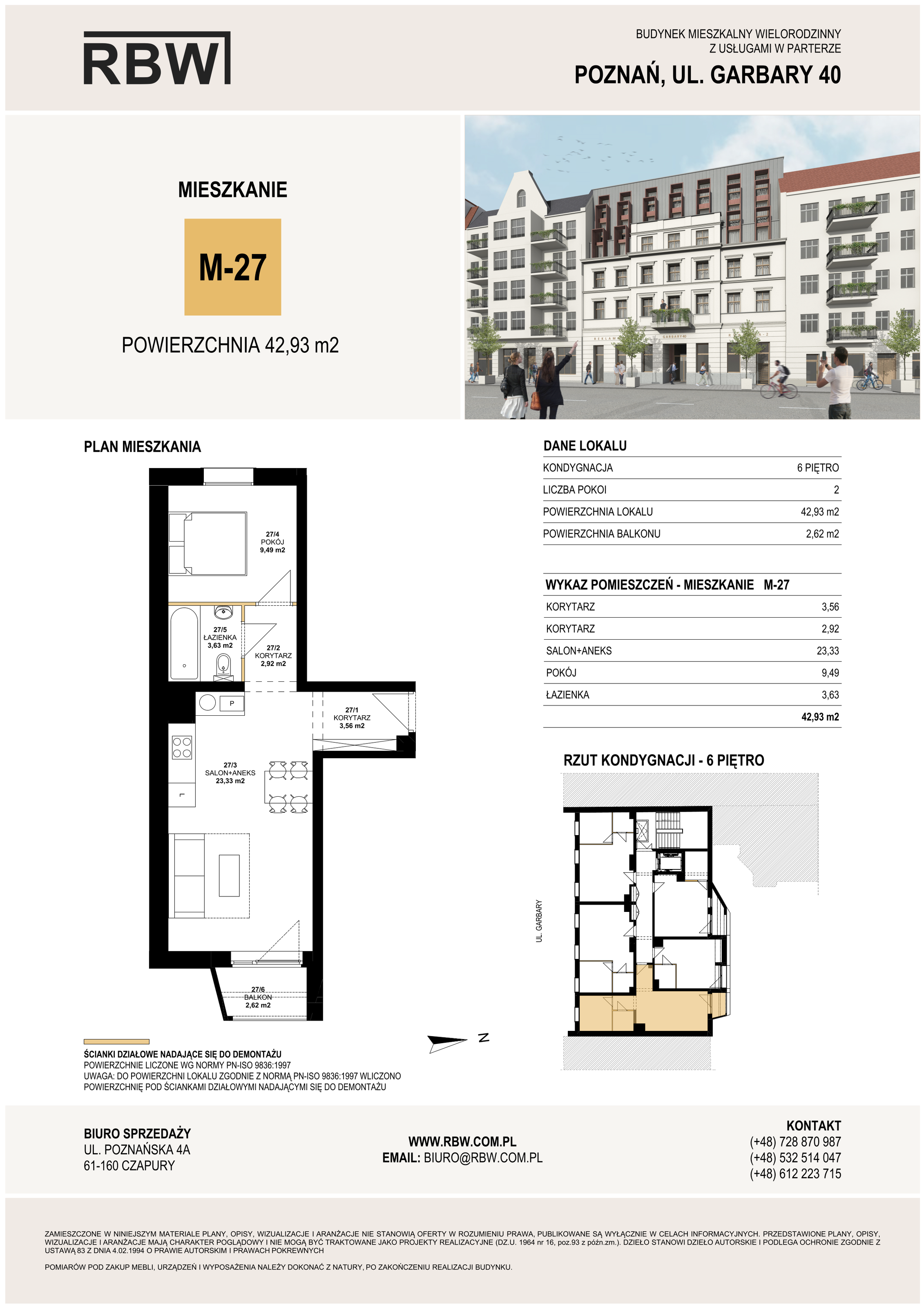 Mieszkanie 42,93 m², piętro 6, oferta nr M27, Garbary 40, Poznań, Stare Miasto, Stare Miasto, ul. Garbary 40-idx