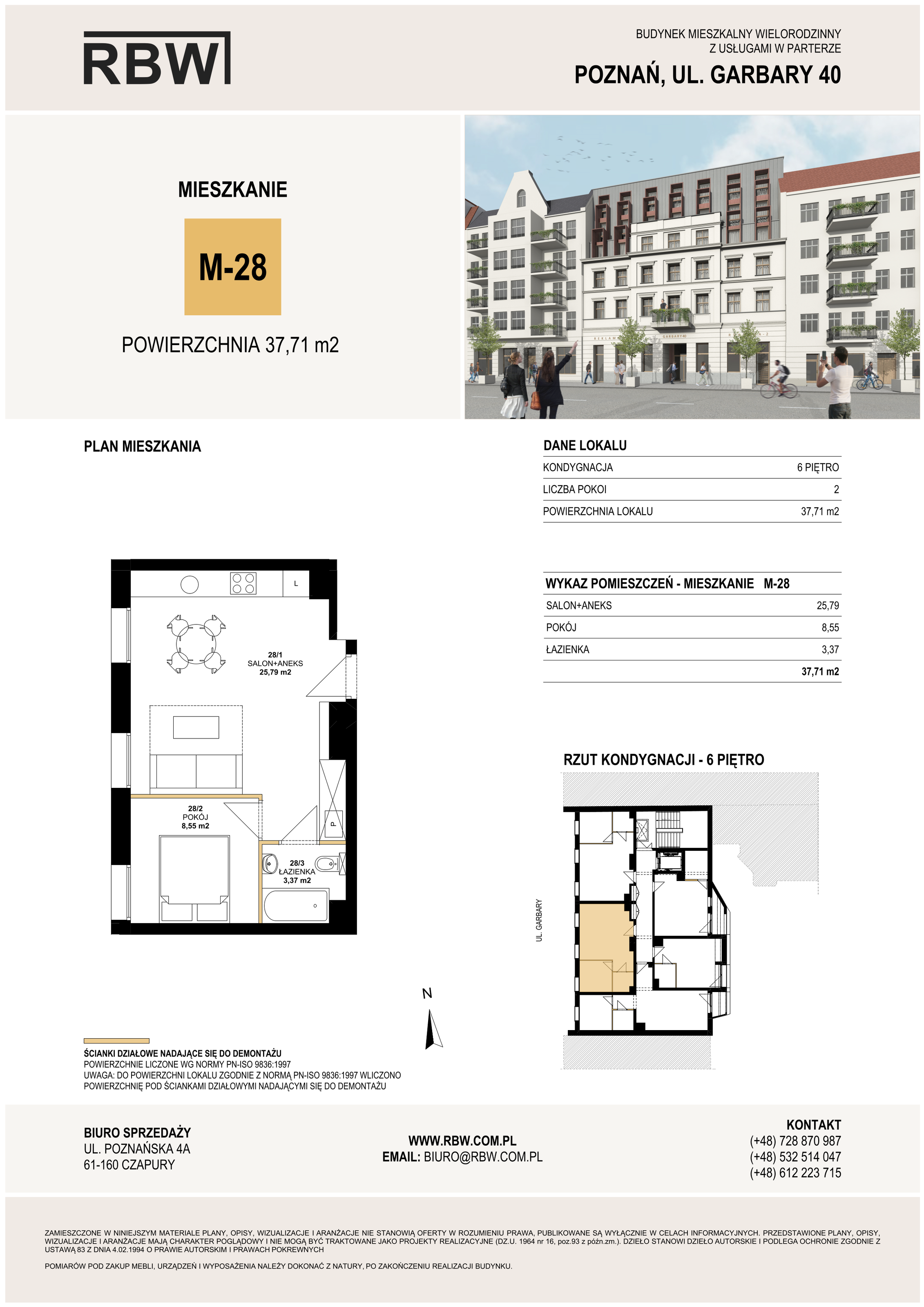 Mieszkanie 37,71 m², piętro 6, oferta nr M28, Garbary 40, Poznań, Stare Miasto, Stare Miasto, ul. Garbary 40-idx