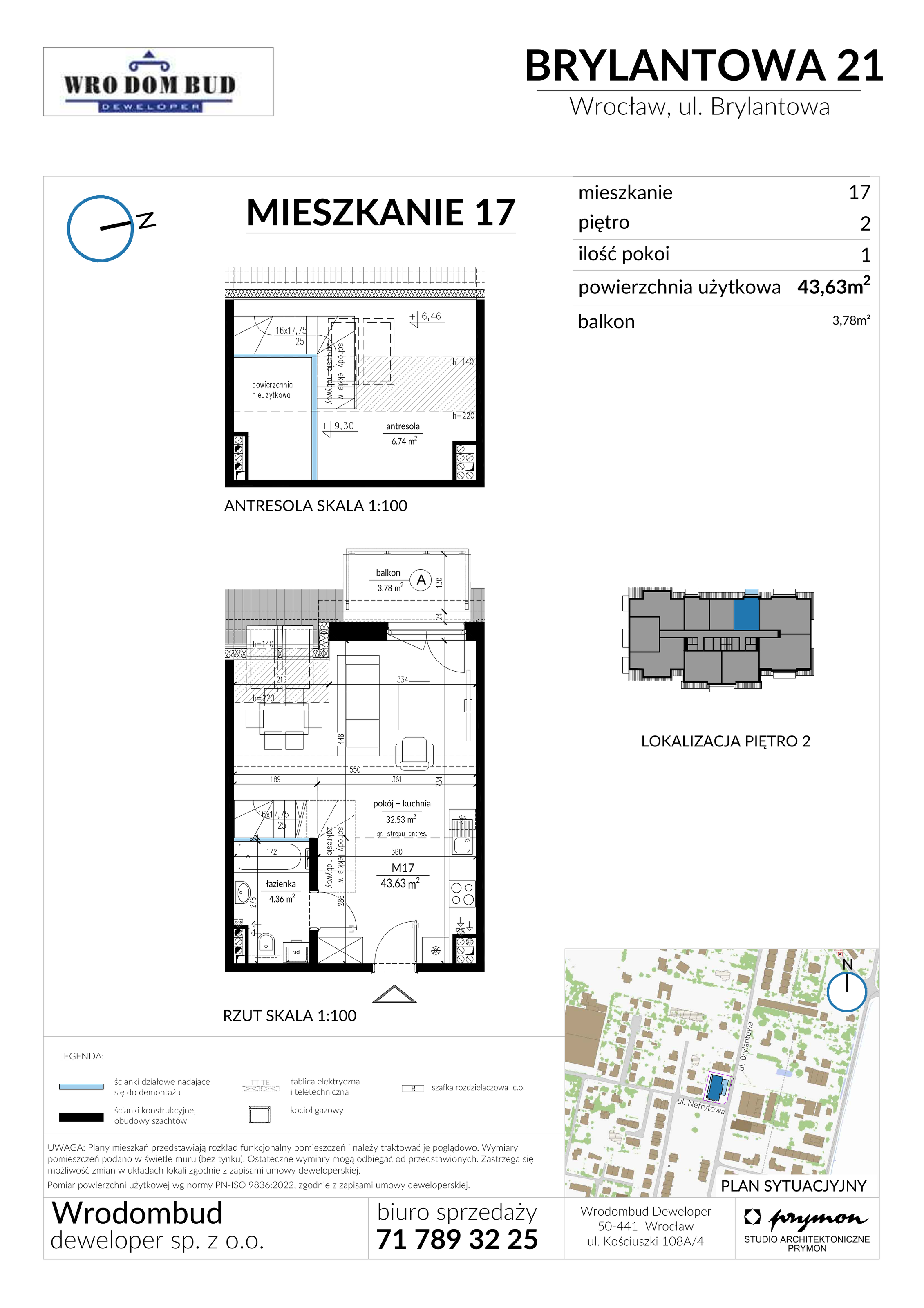 Mieszkanie 43,63 m², piętro 2, oferta nr M17, Brylantowa 21, Wrocław, Ołtaszyn, Krzyki, ul. Brylantowa 21-idx