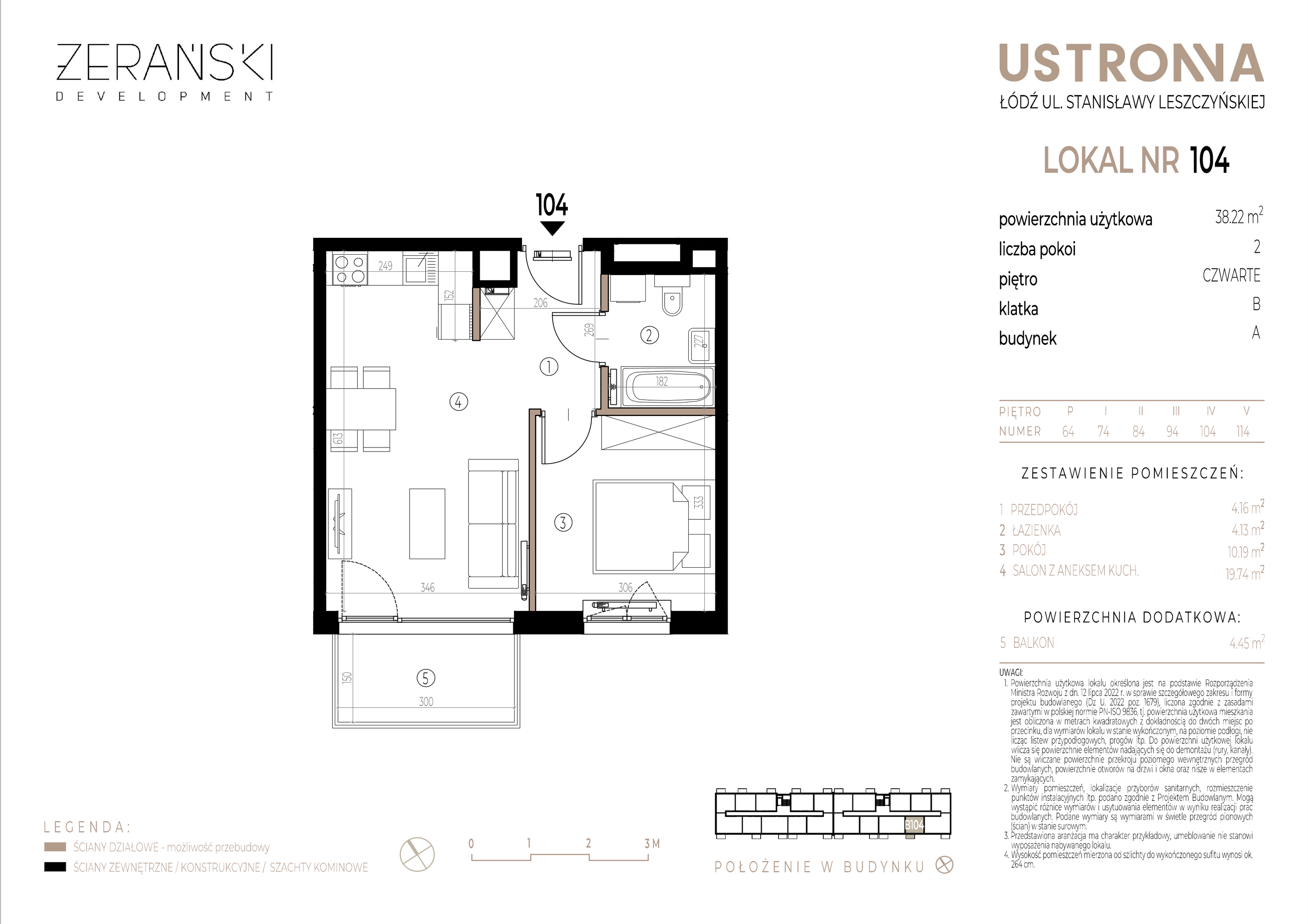 Mieszkanie 38,22 m², piętro 4, oferta nr B/104, Ustronna, Łódź, Górna, Chojny, ul. Ustronna-idx