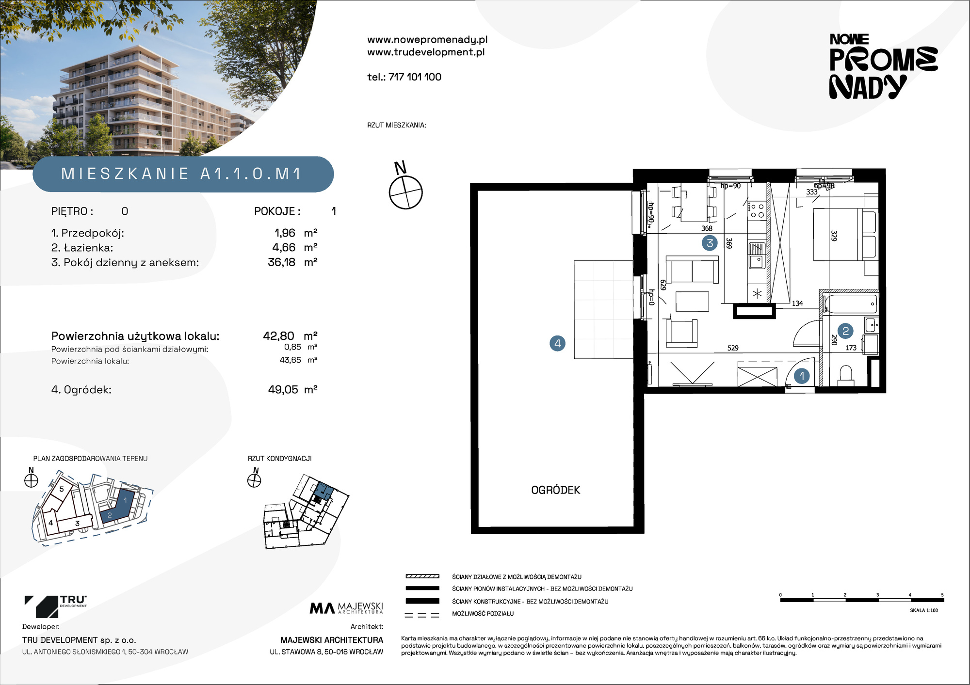 Mieszkanie 42,80 m², parter, oferta nr A1.1.0.M1, Nowe Promenady, Wrocław, Kleczków, Psie Pole, ul. Czesława Miłosza-idx