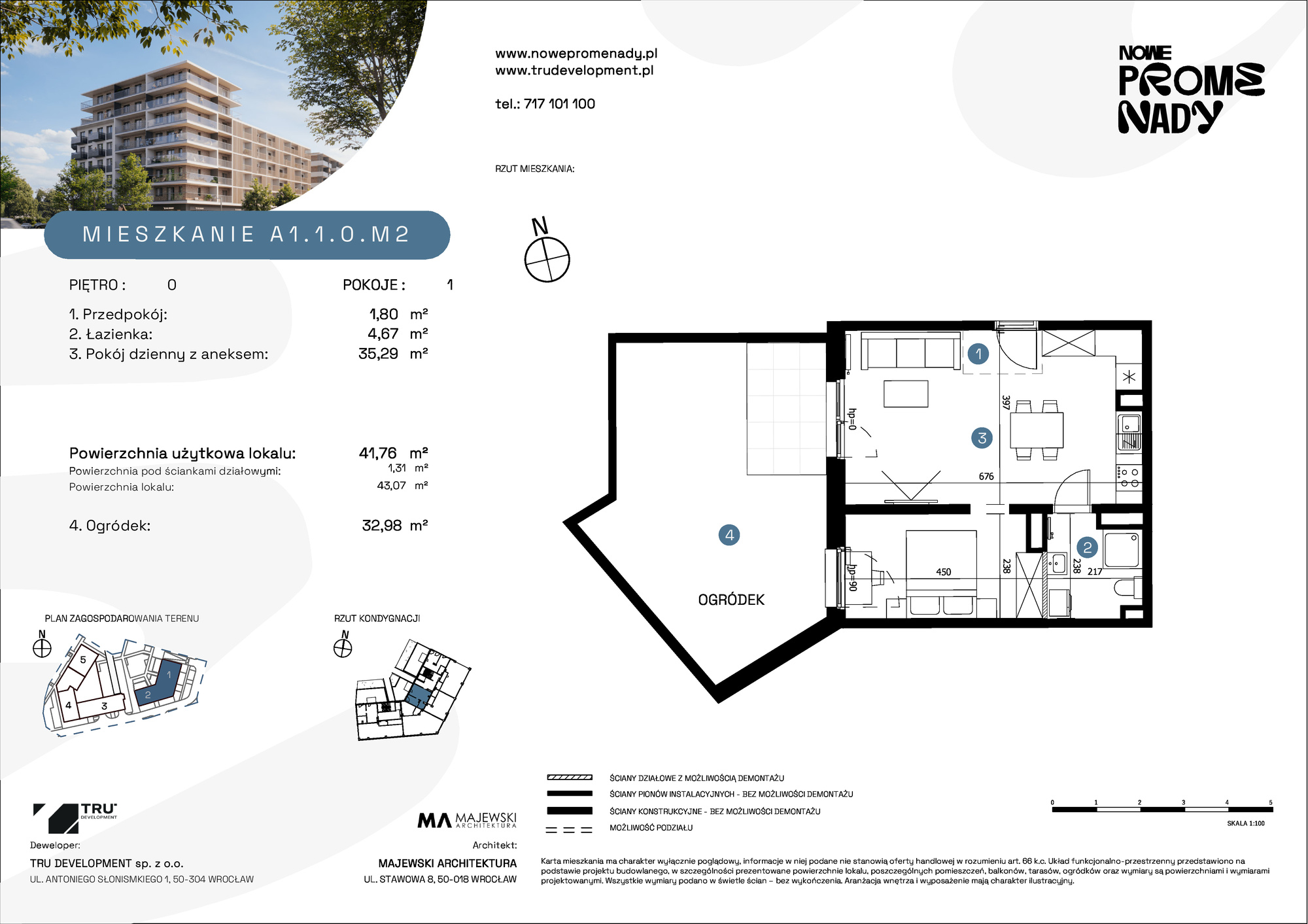 Mieszkanie 41,76 m², parter, oferta nr A1.1.0.M2, Nowe Promenady, Wrocław, Kleczków, Psie Pole, ul. Czesława Miłosza-idx