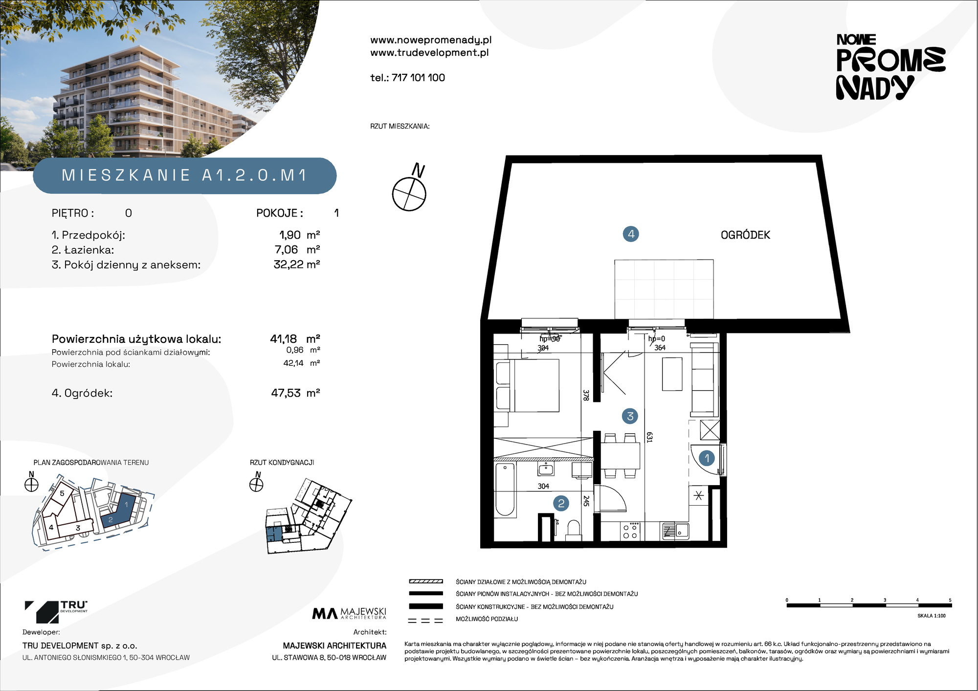 Mieszkanie 41,18 m², parter, oferta nr A1.2.0.M1, Nowe Promenady, Wrocław, Kleczków, Psie Pole, ul. Czesława Miłosza-idx