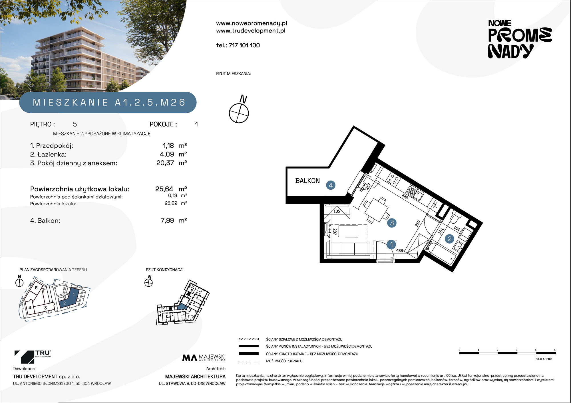 Mieszkanie 25,64 m², piętro 5, oferta nr A1.2.5.M26, Nowe Promenady, Wrocław, Kleczków, Psie Pole, ul. Czesława Miłosza-idx