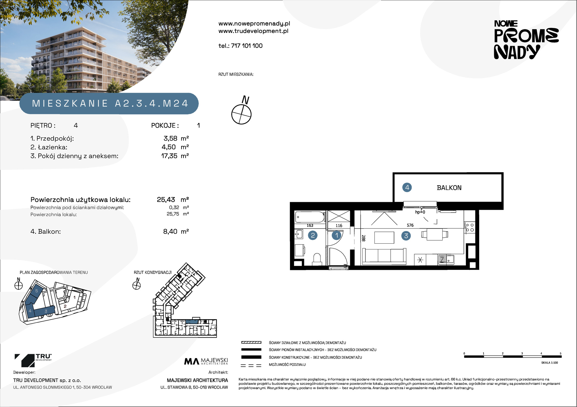 Mieszkanie 25,43 m², piętro 4, oferta nr A2.3.4.M24, Nowe Promenady, Wrocław, Kleczków, Psie Pole, ul. Czesława Miłosza-idx