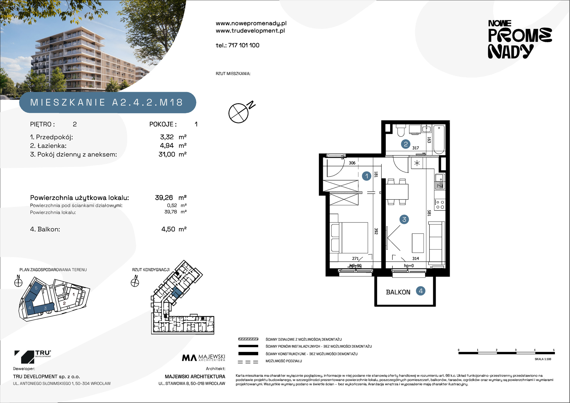 Mieszkanie 39,26 m², piętro 2, oferta nr A2.4.2.M18, Nowe Promenady, Wrocław, Kleczków, Psie Pole, ul. Czesława Miłosza-idx