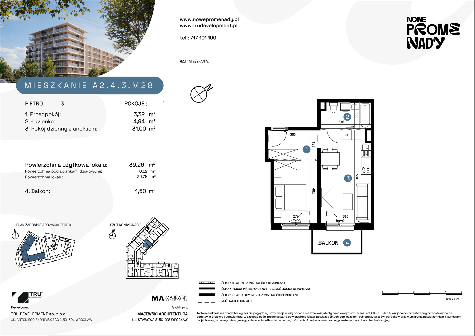 Mieszkanie 39,26 m², piętro 3, oferta nr A2.4.3.M28, Nowe Promenady, Wrocław, Kleczków, Psie Pole, ul. Czesława Miłosza-idx