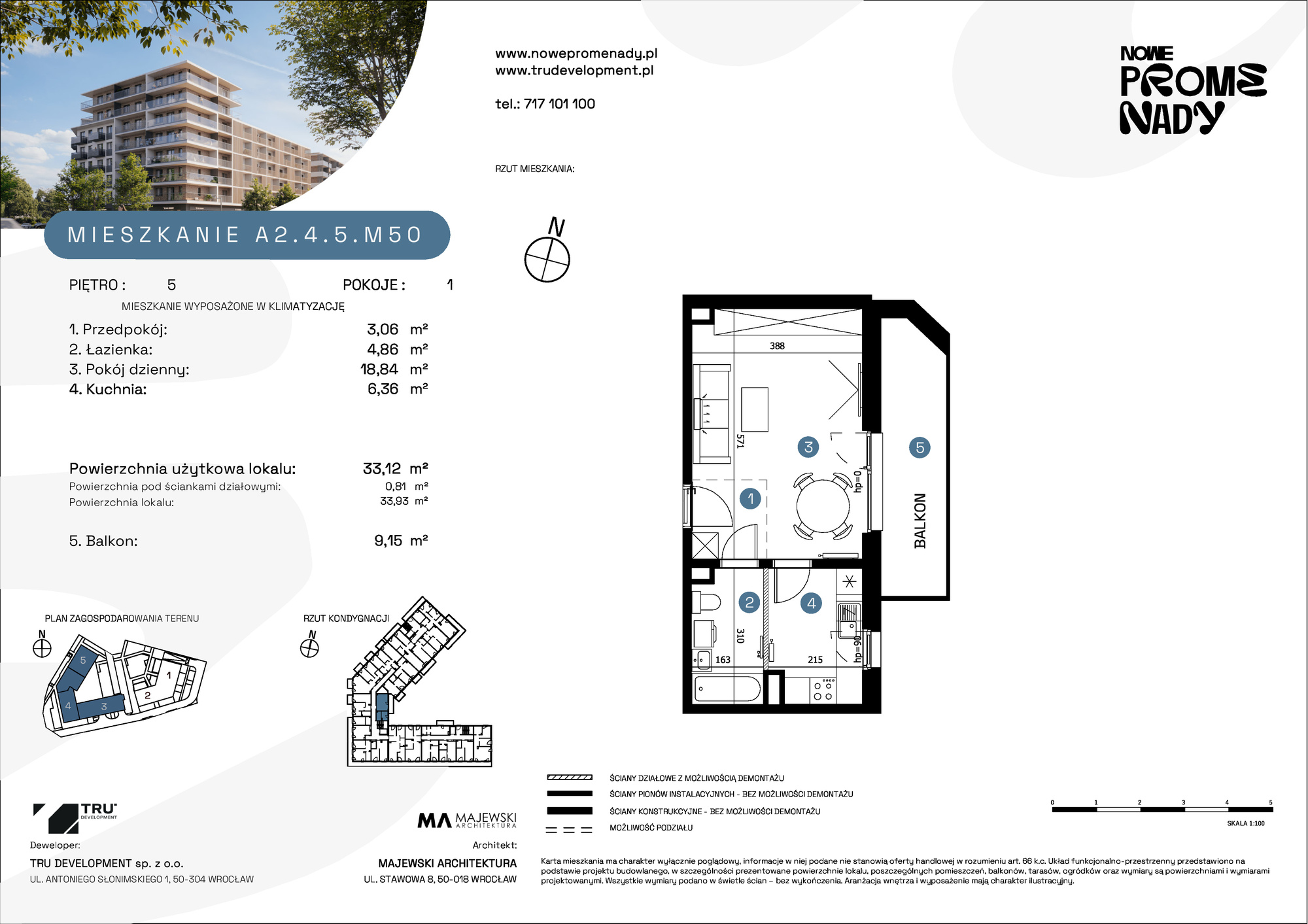 Mieszkanie 33,12 m², piętro 5, oferta nr A2.4.5.M50, Nowe Promenady, Wrocław, Kleczków, Psie Pole, ul. Czesława Miłosza-idx