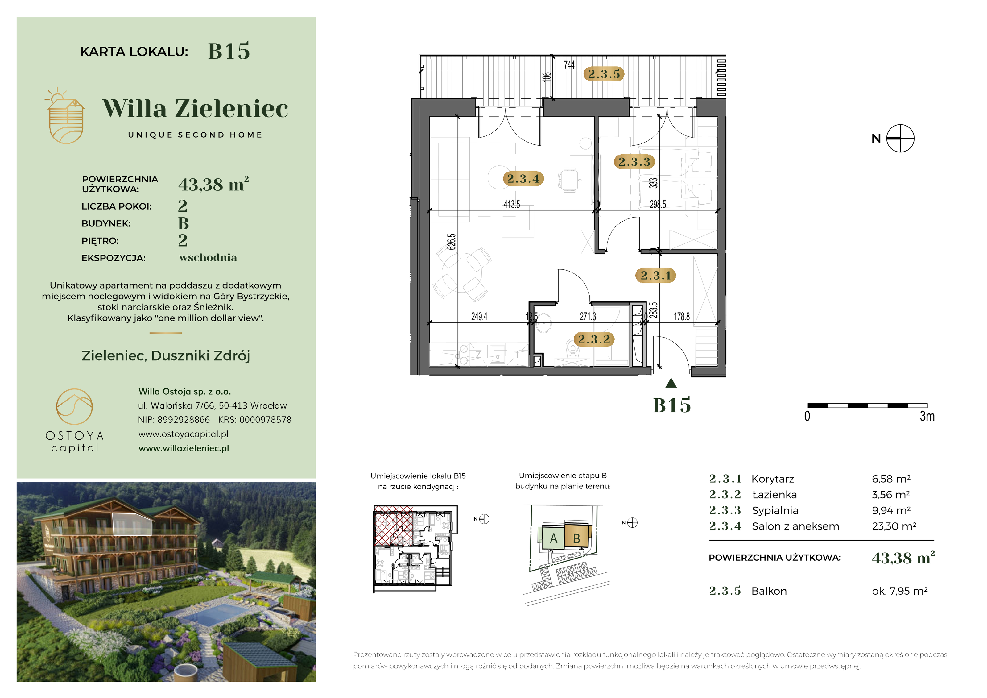 Apartament 43,38 m², piętro 2, oferta nr B15, Willa Zieleniec, Duszniki-Zdrój, ul. Zieleniec 104-idx