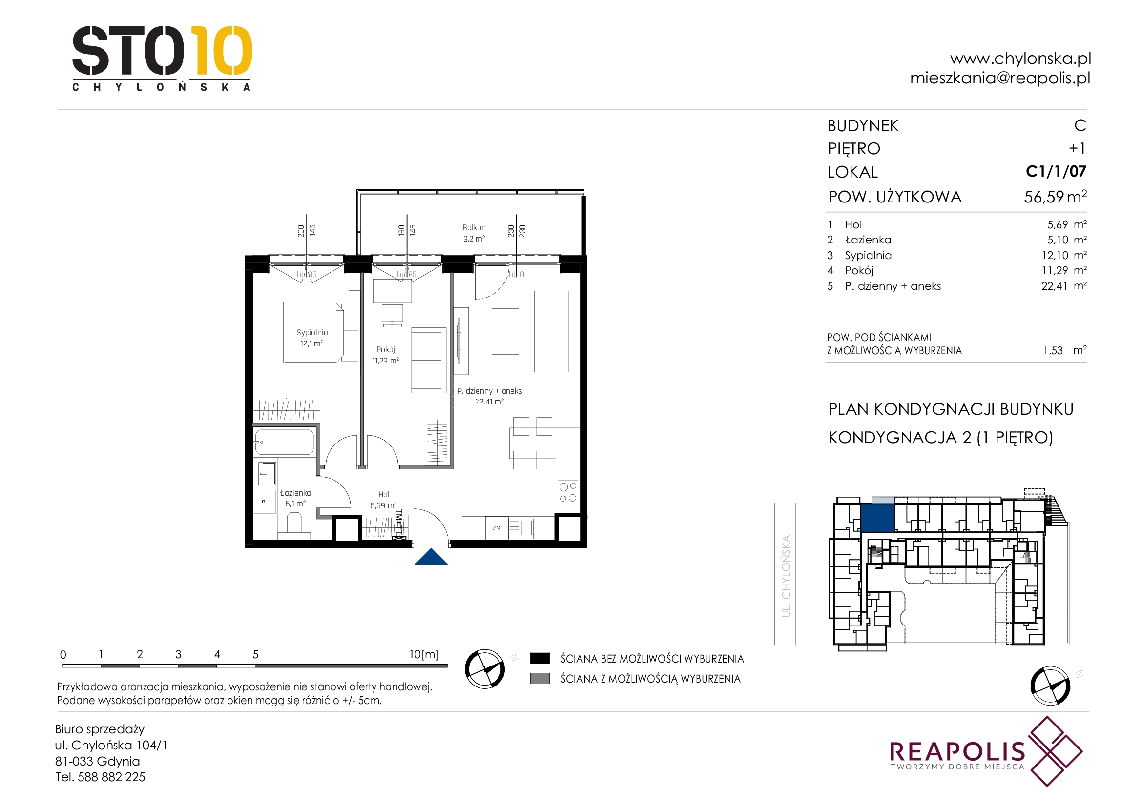 Mieszkanie 56,59 m², piętro 1, oferta nr C1/1/07, STO10 Chylońska, Gdynia, Chylonia, Chylońska 108-idx