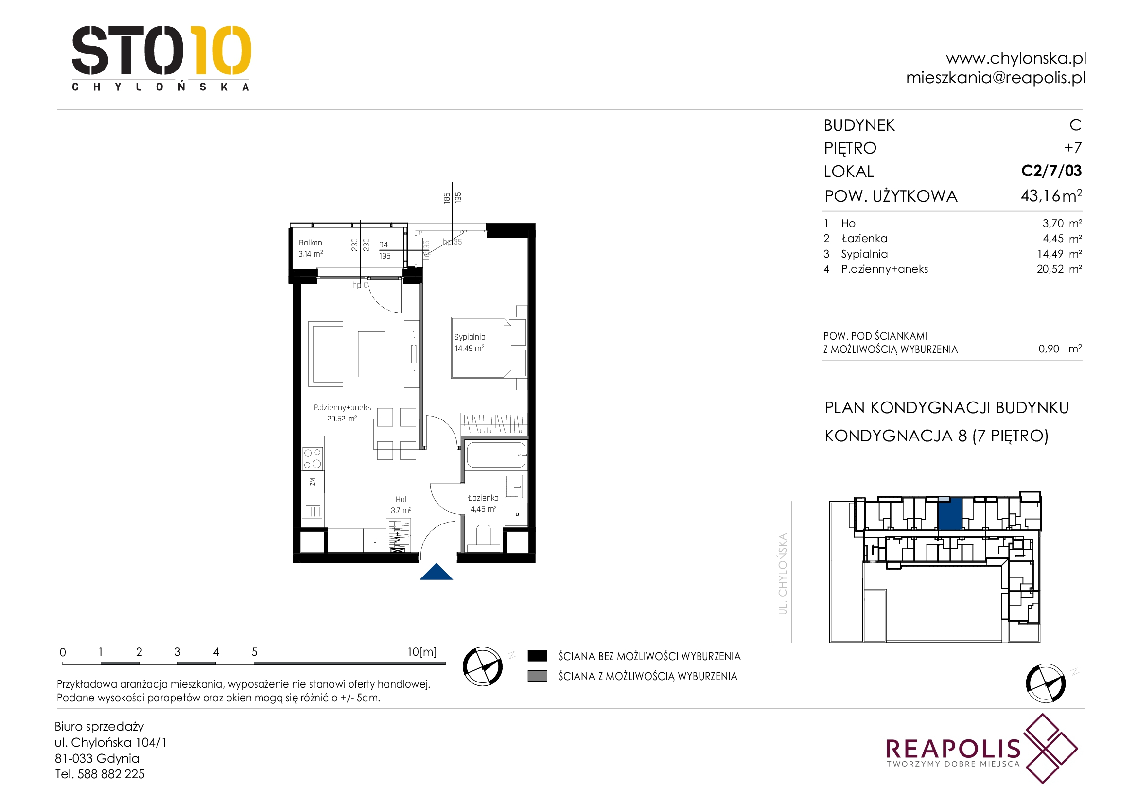 Mieszkanie 43,16 m², piętro 7, oferta nr C2/7/03, STO10 Chylońska, Gdynia, Chylonia, Chylońska 108-idx