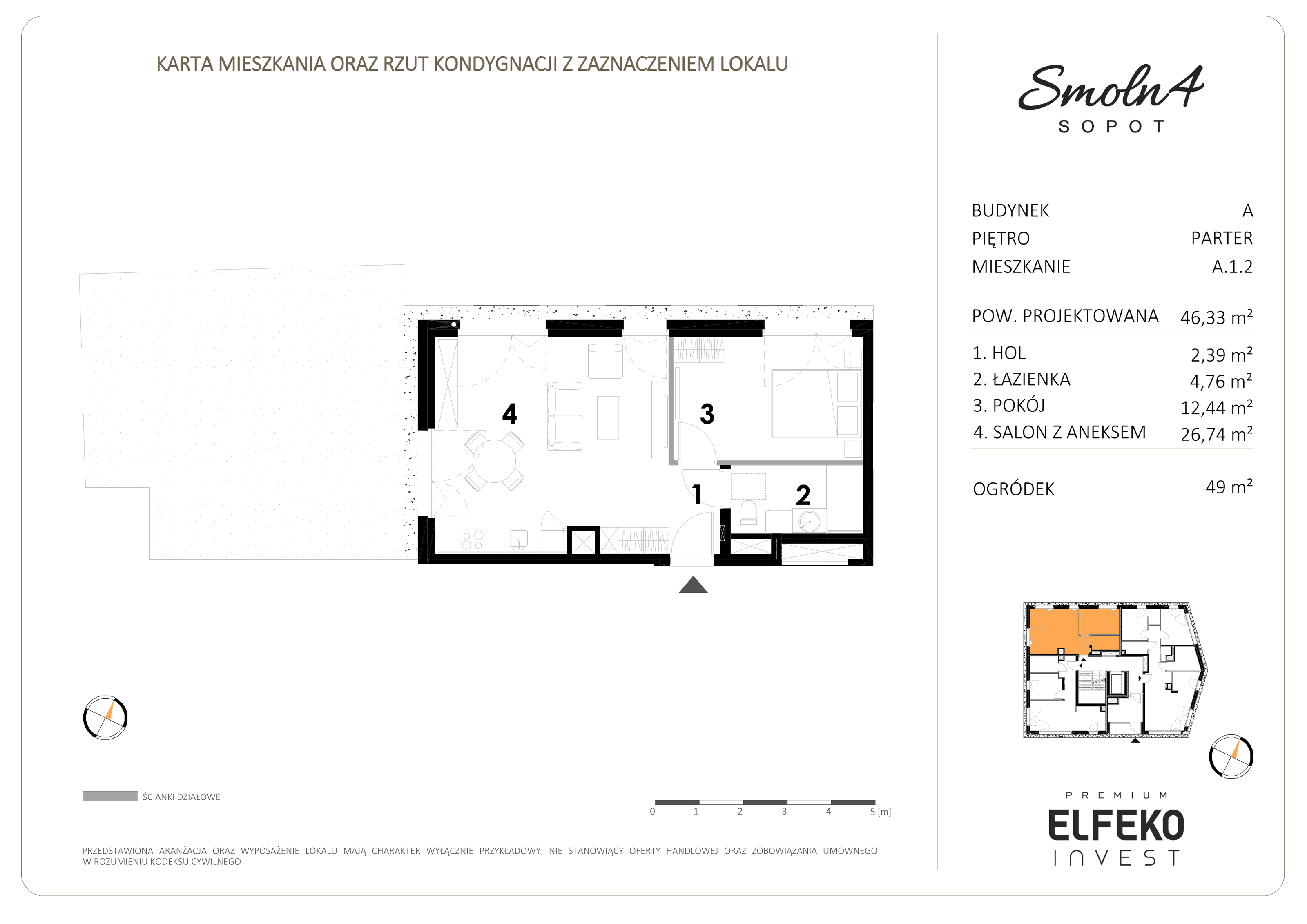 Mieszkanie 46,33 m², parter, oferta nr A.1.2, Smolna 4, Sopot, Świemirowo, ul. Smolna 4-idx