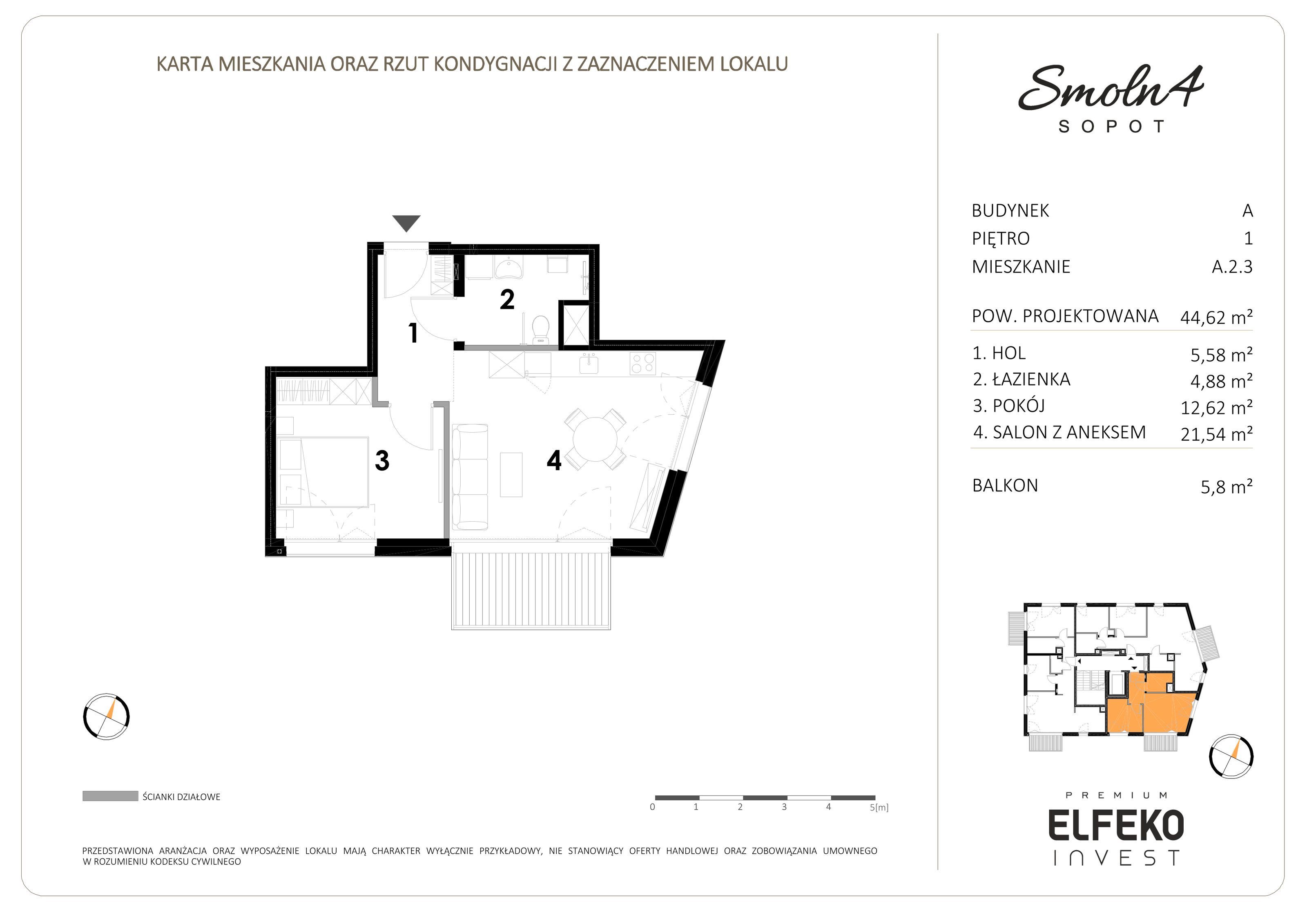 Mieszkanie 44,62 m², piętro 1, oferta nr A.2.3, Smolna 4, Sopot, Świemirowo, ul. Smolna 4-idx