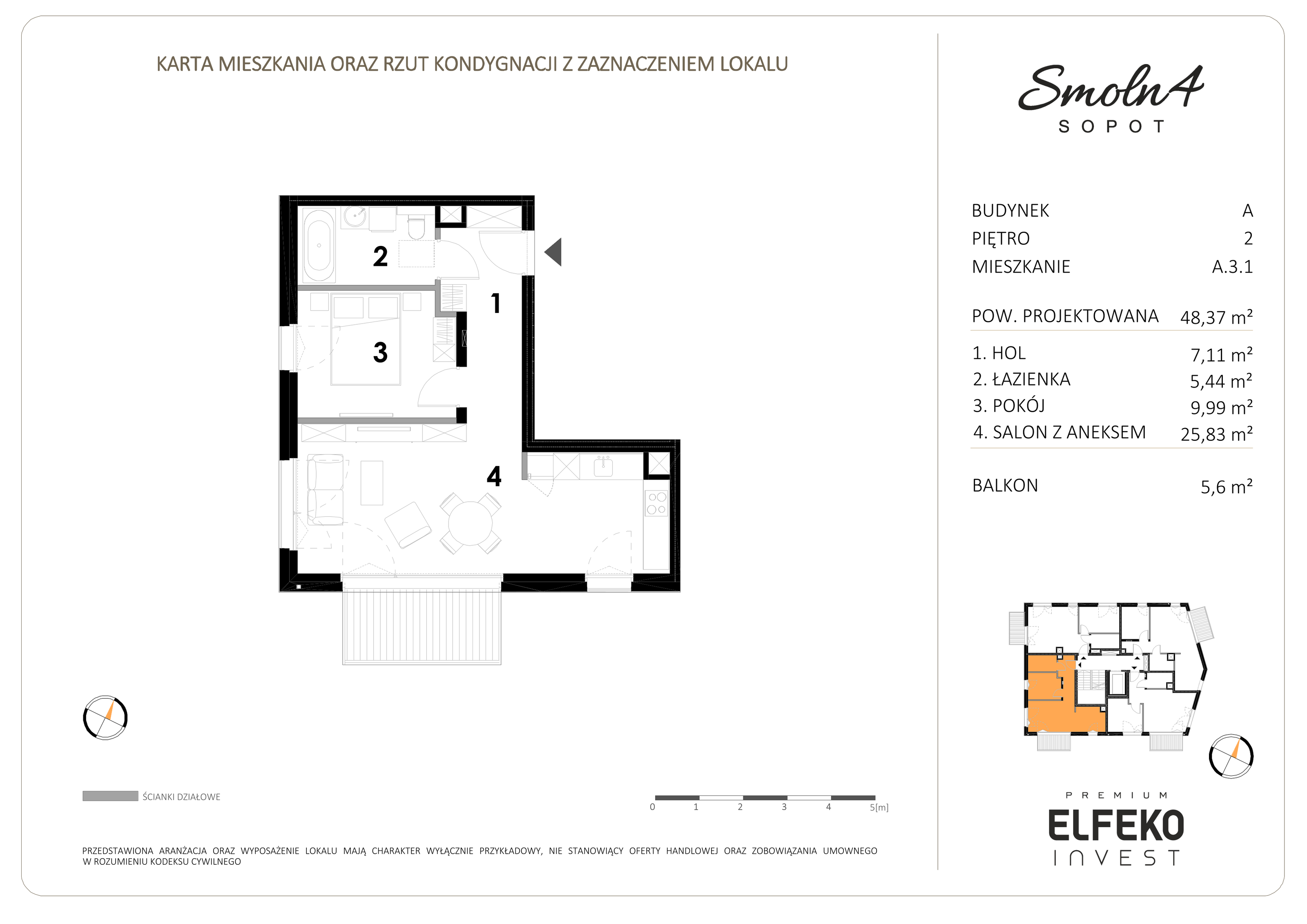 Mieszkanie 48,37 m², piętro 2, oferta nr A.3.1, Smolna 4, Sopot, Świemirowo, ul. Smolna 4-idx