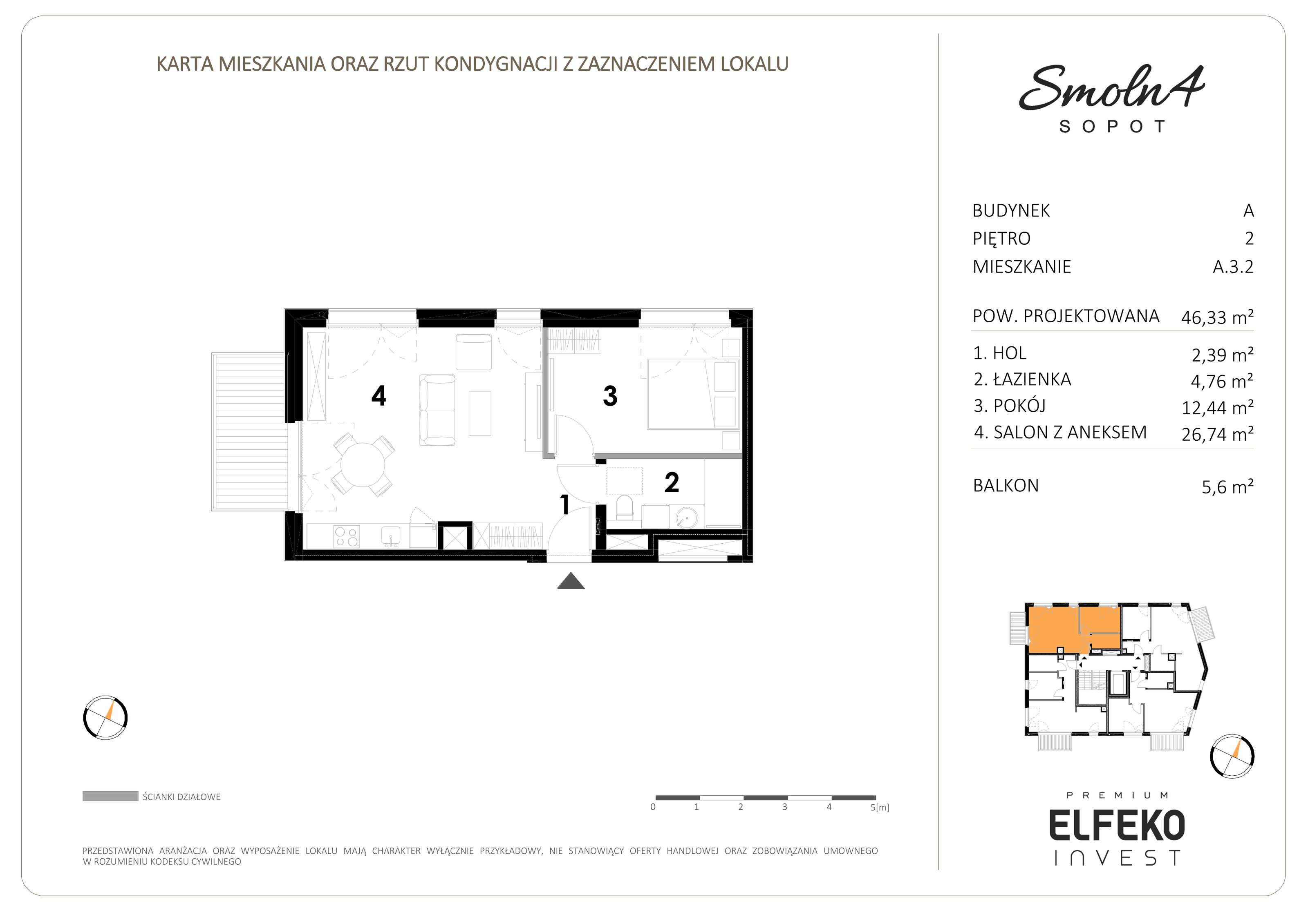 Mieszkanie 46,33 m², piętro 2, oferta nr A.3.2, Smolna 4, Sopot, Świemirowo, ul. Smolna 4-idx